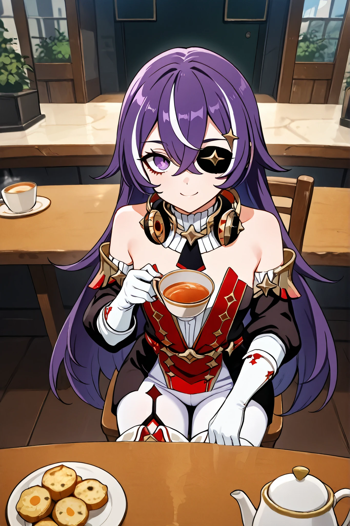 masterpiece, top quality, solo, Curvy, BEAUTIFUL EYES,, zzChevreuse, PURPLE EYES, hair between the eyes, Long Hair, multicolored hair, purple hair, striped hair, white hair, has, earmuffs, eye patch, bare shoulders, Gold trim, 黒 butt under pants, butt under pants, Puff Sleeves, Detachable Collar, pantyhose, white thigh high boots, upper body, upeer body, Smile, under your eyes,coffee shop,sitting chair,table,tea time,cup,from above,Hold the cup in the right hand,table,fried potato, cup, teacup, teapot,chair, sitting,drink tea