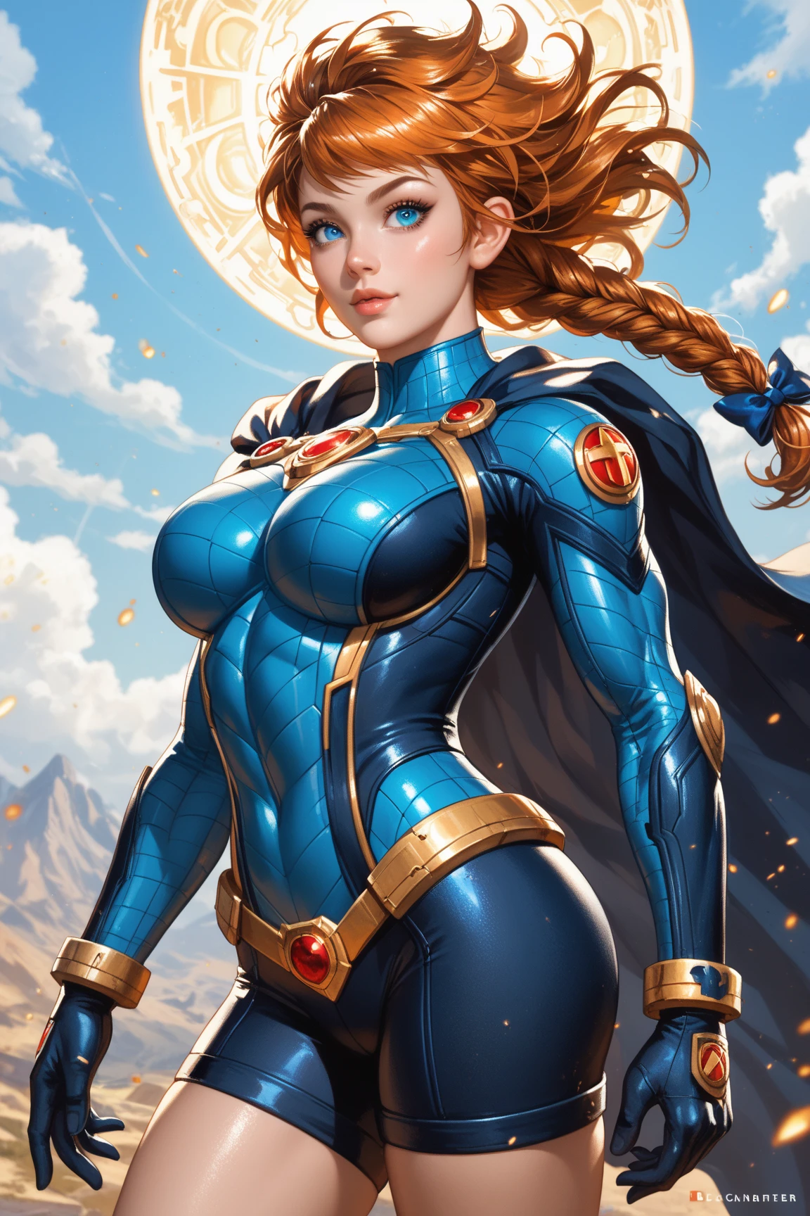 score_9, score_8_up, score_7_up, score_6_up, score_5_up, score_4_up, Sexy, Superheroine, Red hair, long hair, busty, ((blue highleg leotard with a t-back thong and a gold star insignia on chest)), gold boots, gold gloves