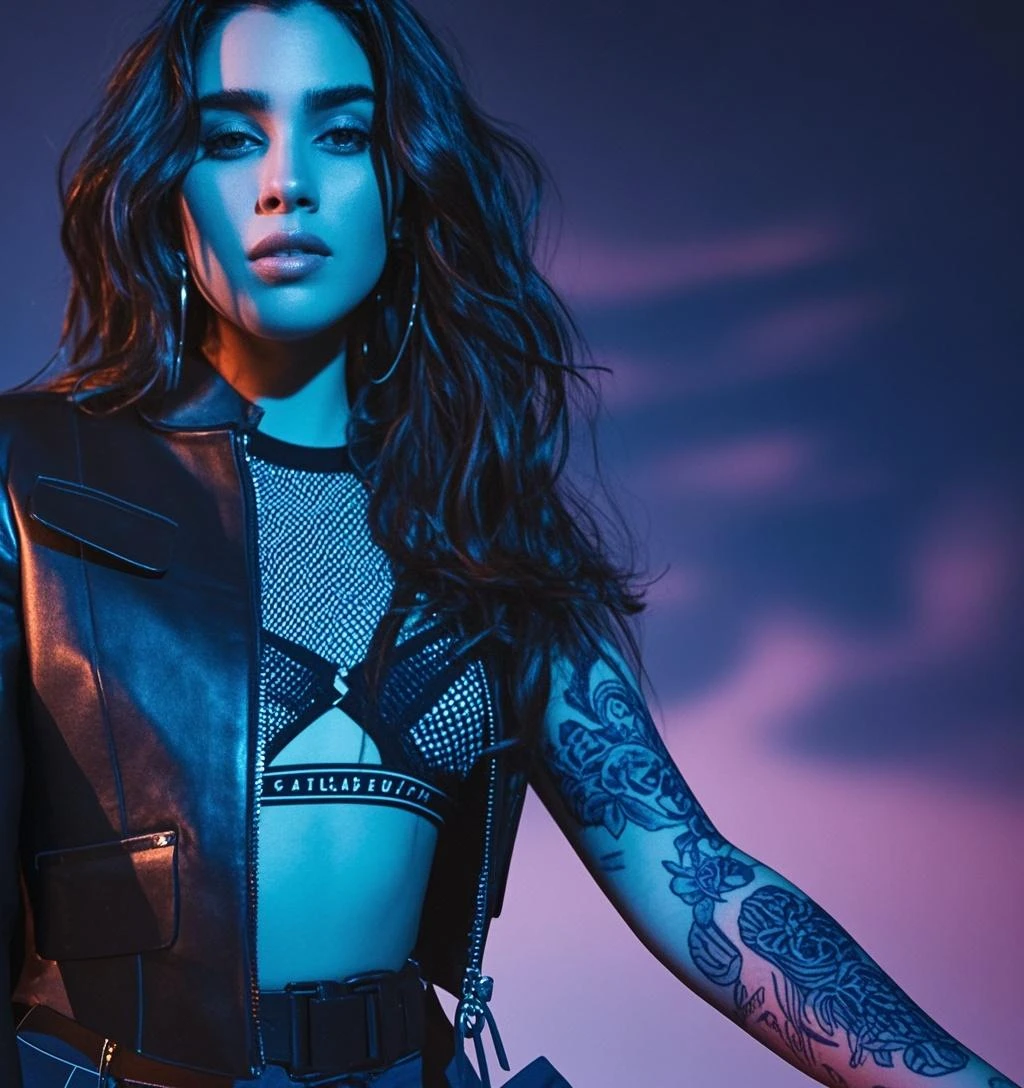 Cher Lloyd in sexy heavy metal clothing with lipstick and smiling