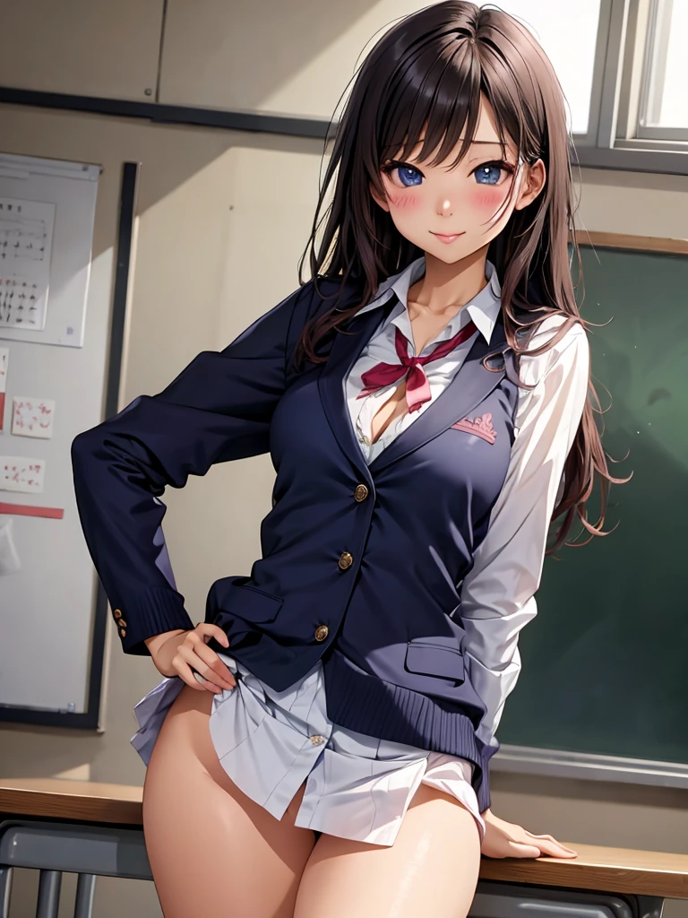 ((One Womanはスカートを手で持ち上げてパンティを見せている:1.4), (One Woman:1.2), ((highest quality)), (Very detailed), (Very detailed CG 統合 8k 壁紙), Very detailed, High resolution RAW color photos, Professional photography, (Beautiful big breasts), brown hair, ponytail, Great face and eyes, Slender body, (Amazingly beautiful girl) (School classroom,During class:1.3), (Idol Style , (Open blazer:1.2), White shirt, check skirt, (Red ribbon at collar:1.1)) , (I flip up my skirt myself, Pink stylish lace panties with embellishment:1.4), Exact number of arms, Exact number of legs, Perfect Anatomy, (Embarrassed expression, turn away, White Breath), Angle from right diagonally forward,(Holding the skirt in the hands:1.4)