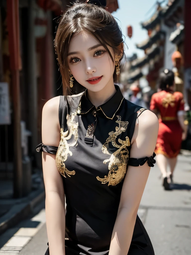 Night shot，A girl wearing a black silk cheongsam，A large group of fireflies danced around the girl.，Girl&#39;s hair style，Delicate and fair skin，Fine hair，Big bright eyes，Long eyelashes，Simple hair accessories，Tassel earrings，Oval face，Light eyeshadow and blush，Red lips，Delicate，Delicate clavicle，Full and firm breasts，Model figure，Curvy figure，Perfect body proportions，Thin waist，Detailed clothing details，Realistic，Look at the camera， masterpiece, RAW photo, 8k resolution, realistic, exquisitely detailed skin, masterpiece, best quality, unity 8k wallpaper, ultra detailed, cinematic look, natural skin texture, extremely realistic skin texture, finely detailed face,(film grain:1.2),cinematic angle, Fujifilm XT3, (highly detailed), (detailed lighting),(contrast),(mysterious atmosphere),vivid illumination, masterful technique, harmonious composition, immersive atmosphere, stunning visuals, best quality, official art, extremely detailed CG, highly detailed,  