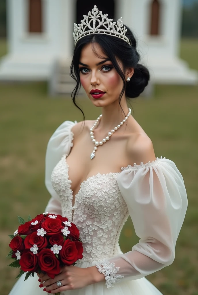 beautiful, 24 year old, romanian woman, dressed in old money 90's style, with a white flower in her hands, big bust, natural charachteristicks, blue eyes, hyper realistic, looking directly into the camera, in an apartment