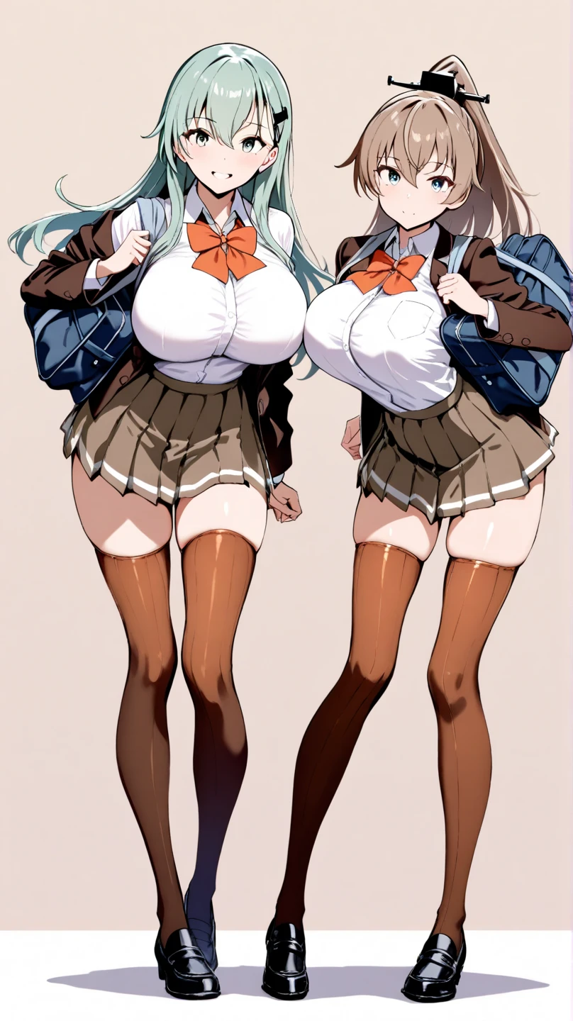 Two voluptuous and curvaceous schoolgirls in skimpy uniform behind the door