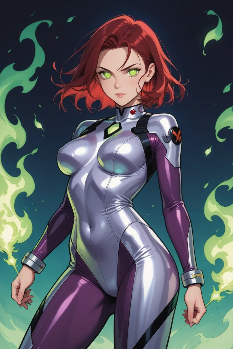 sexy, NFSW, white skin, anime woman, happy, glowing green eyes, extremely short glowing orange hair, wearing a suit