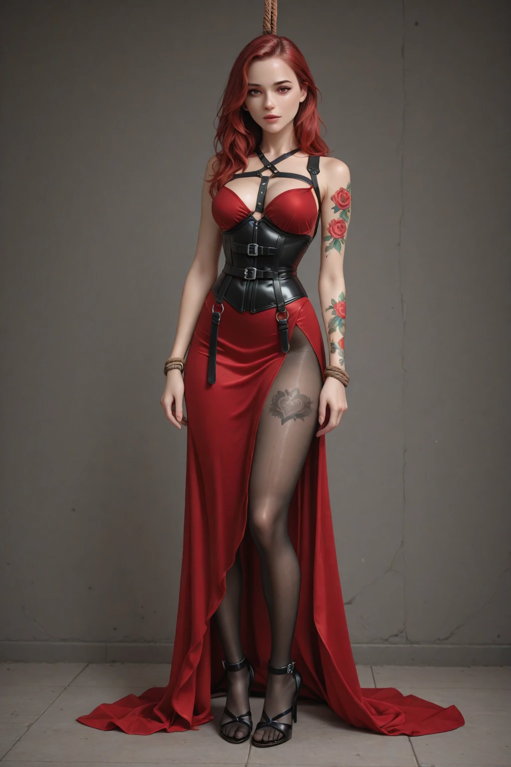 rating_questionable, rating_explicit, nsfw, /BREAK/ petite body, girl 18 years old, (pointy ears:0.8), long hair, (red hair), blue garnet colored eyes, big fake breasts, up body, tattoos, tattoo, /BREAK/ dramatic angle, unique perspective, unique angle, epiCRealism, hyper detailed, ultra detailed, hight resolution textures, masterpiece, best quality, 32K UHD, t4ts,full body, very tight leader dress, pantyhose, bare foot,