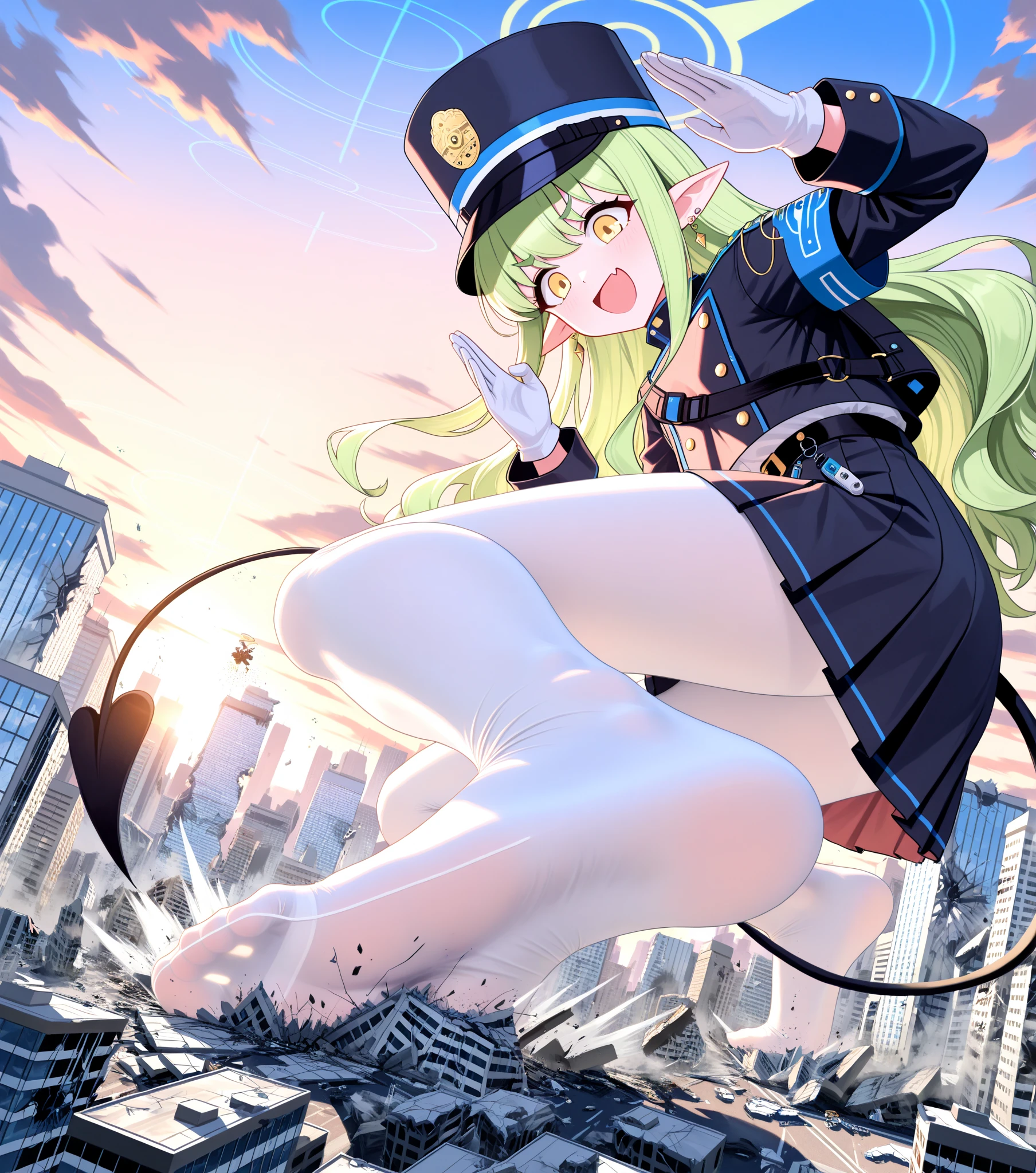 (Masterpiece) (High Detail) (High Res) (one girl) A short woman with blue eyes and long blonde hair and average breasts and a big butt. She is breaking through the security fence in a prison. It is nighttime, she is wearing a prison jumpsuit. There are search lights on towers in the background. She is crouched by the mesh fence holding some bolt-cutters. Facing away from camera