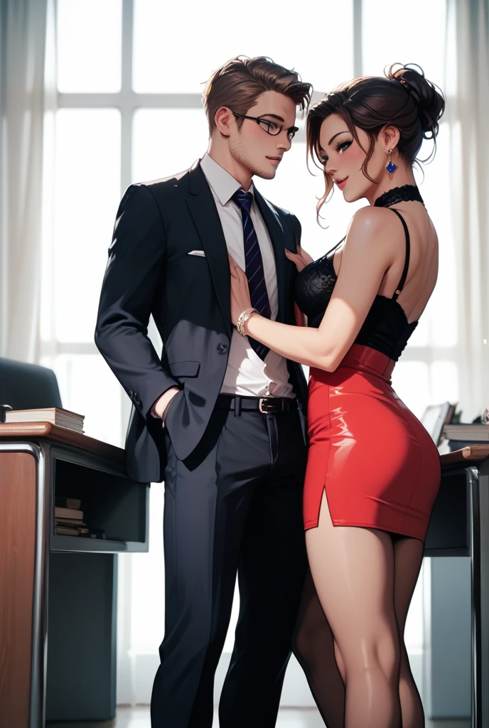 Beautiful business woman in official unbuttoned dress, real person, detailed body, live action, glasses, short skirt, office lady, futurama style