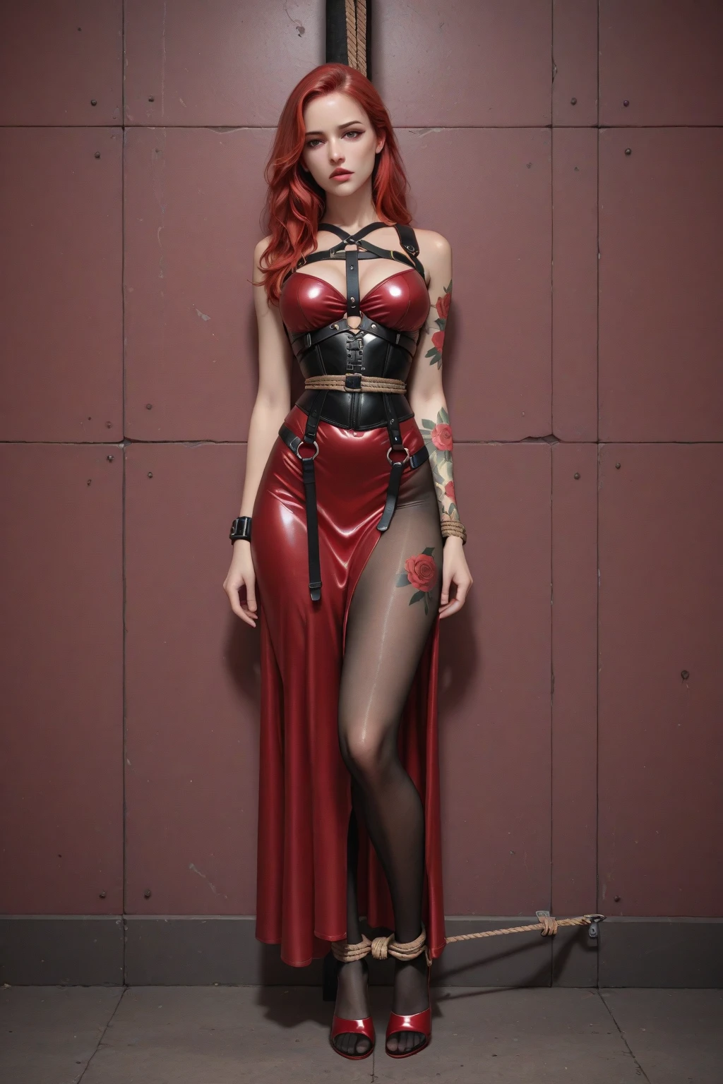 A young woman with long, vibrant red hair, dressed in a red mini dress with corset. She has intricate tattoos on her left arm and is wearing red high heels and her makeup is striking with dark lipstick. The overall look is edgy and fashionable, plain background, fancy pose standind, fullbody