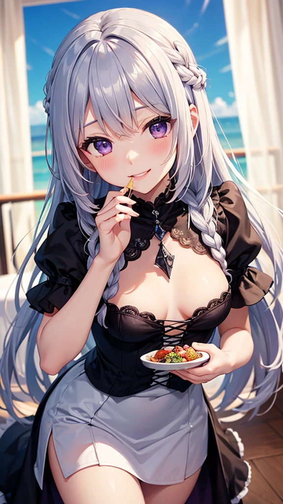 1 Girl、solo、Silver Hair、Long Hair、Blue Eyes、On the futon、Lying down、Eat katsudon、Holding chopsticks in your right hand、White Bikini、Black jacket、Upper body close-up