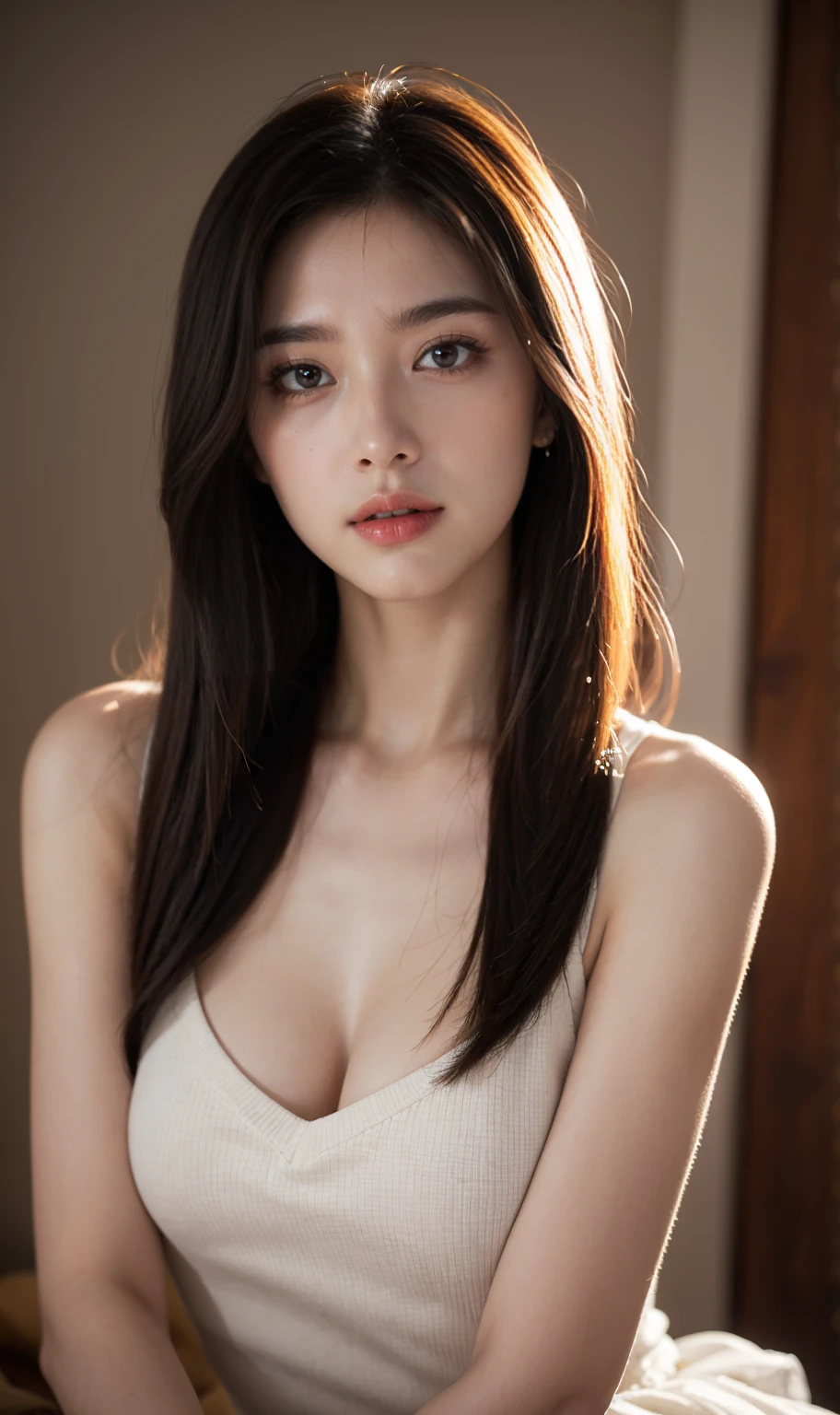 (tmasterpiece), actual, (portrait of one girl), pretty face, rays of sunshine, 电影灯光, By bangs, a beautiful woman, pretty eyes, brunette color hair, perfect anatomia, extremely cute, PrincessEyelack Eyrame Head), centered image, Stylized, Bio-luminescence, 8 life size,8K分辨率, White low-cut dress with blue details, Human hands, full of curiosity, Elegant, nearing perfection, dynamic, The is very detailed, character sheets, concept-art, smooth private parts, Directly to the viewer,Make their bodies symmetrical and balanced, Very beautiful maiden, detailed hairstyleigchest)