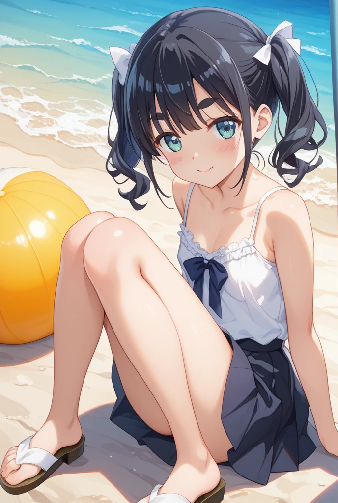 Masterpiece, Best quality, solo female, young girl, sister-like, blue eyes color, long ponytail hair, black color hair, flower hairpin, frontal photo, anime, illustration, full body, bikini