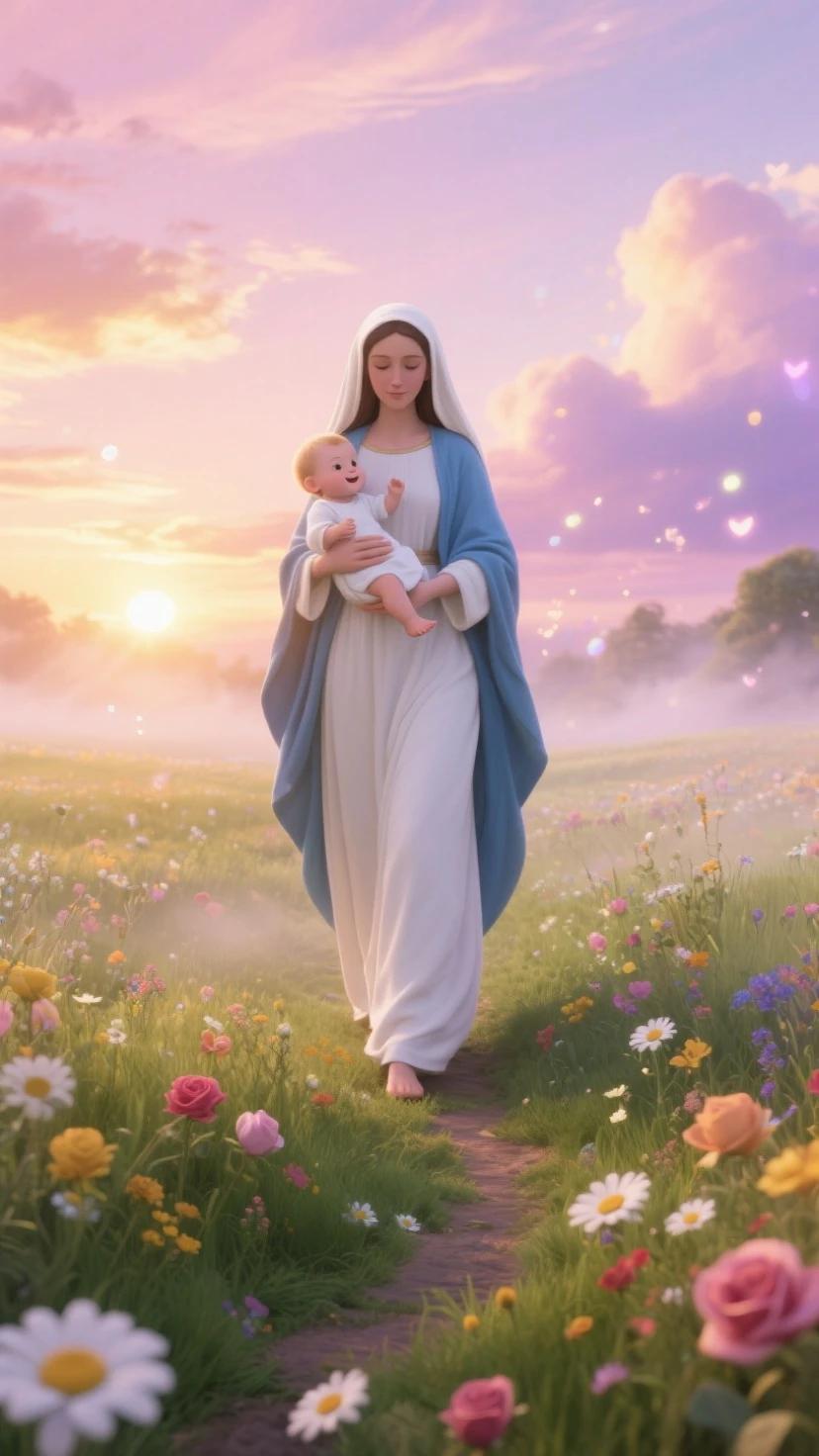 (((Santísima Virgen María and Child
Jesus . 19 years old))) ((( Con una cara seria y piadosa. Con una mirada dulce y tierna))) (obra maestra, calidad superior, mejor calidad, arte oficial, beautiful and aesthetic: 1.2), (1girl), extremadamente detallado, (Arte fractal: 1.3), colorido, highest detailed, Cara perfecta, parte superior del cuerpo, HDR, (orando: 1.3), (golden lines of white coat: 1.2), galaxia, (rayas de luz), eye-catching visuals, (dynamic stripes, senderos luminosos: 1.2), colores vibrantes,