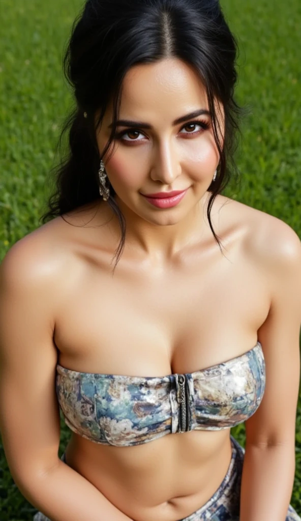 (((Chara Sophia))) 1Girl 18 years old, only, long messy hair, bangs, midsize boobs, brunette hair, fullbody, realistic lips, detailed eyes, detailed lips, clothes, saree, dark blue saree, lace, wearing jewellery, nature background, flowers, afternoon, shadow, clear weather, sitting, whole body capture, fir