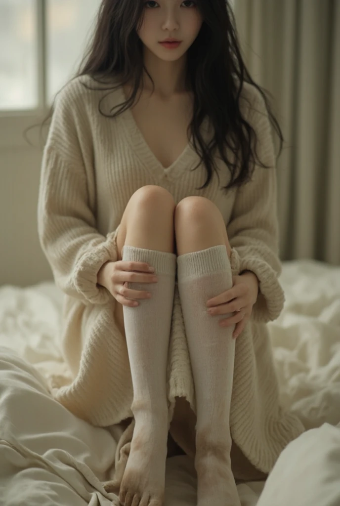 1girl in,Sitting on a cozy sofa,cross one's legs,Soft light,knee high socks,White high socks at thigh height