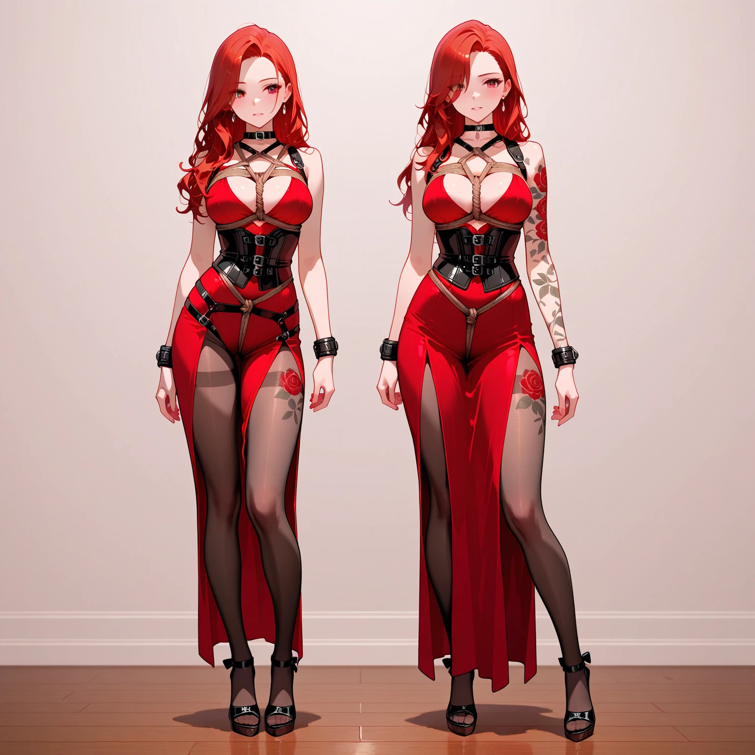 Scarlet Castlevania, (Scarlet Castlevania), tenebrosa, standing alone, ray tracing, 3D style, 3dmm, ((3 poses per photo)), ((3 poses in each photo)), fully body,(from front view),(Rear view), (view on the left), blackstockings, Tear at the waist,(((3 poses per photo))),((symetry)) ,((ultra realistic skin)),(minimalist details),((large open dress with v-cuts)),(((dress with spikes))),(((slits between the legs))),(((well-defined groin))),(drawn curve),(((necklines))),(((thick and beautiful legs))),(((big boobies))),((large neckline over the breasts)),((sexly)),big and beautiful legs, winding curves, groin marking, no thorns, sample legs, fancy