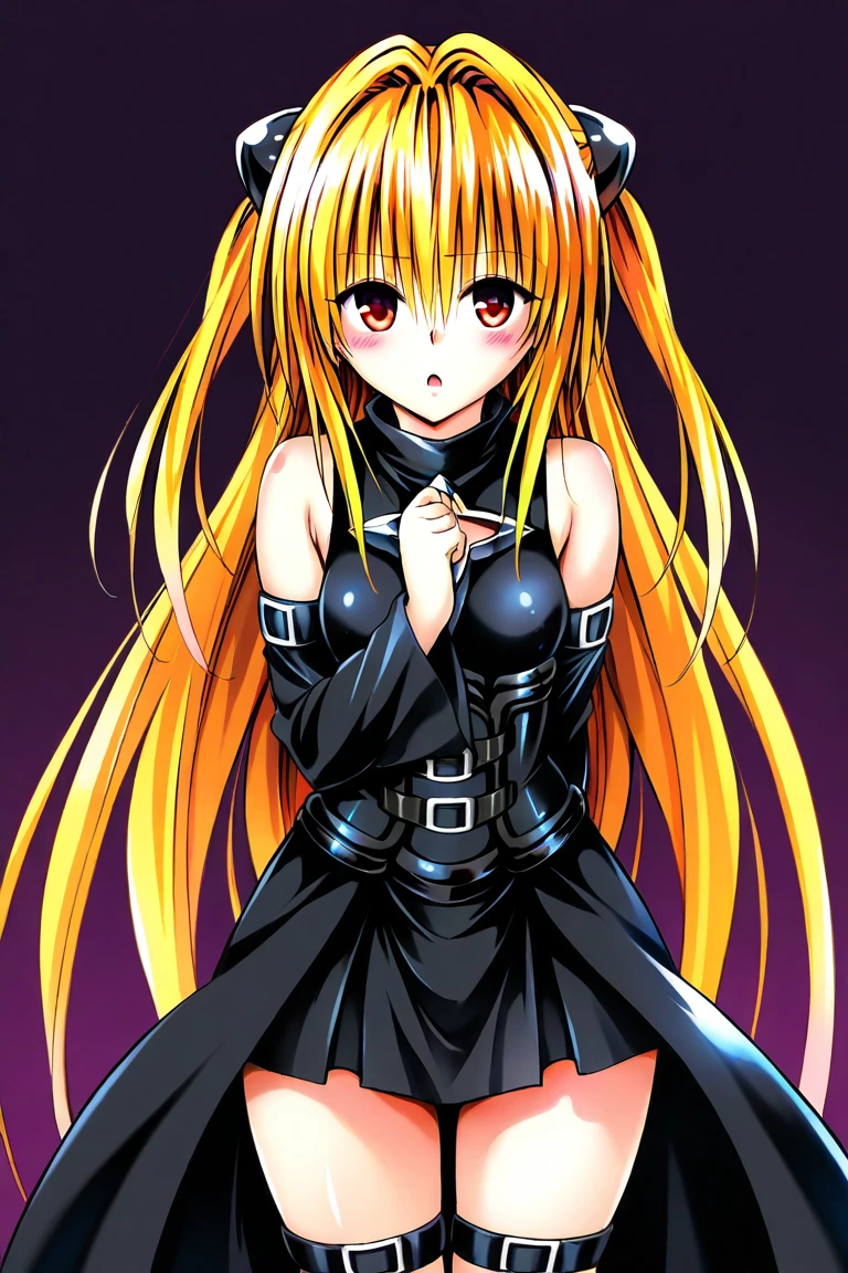 NSFW,masterpiece,Highest quality,High resolution,Very detailed,Golden Darkness\(To Love-Ru\),Blonde,Red eyes,long hair,Two Side Up,Small breasts,Black Dress,Sleeveless,Removable sleeves,belt,Cleavage cutout,Cutouts for clothes,Thigh straps,Knee socks,hair ornaments,(Lustful face),Dissatisfied face,blush,Are standing,Nightlife,In town