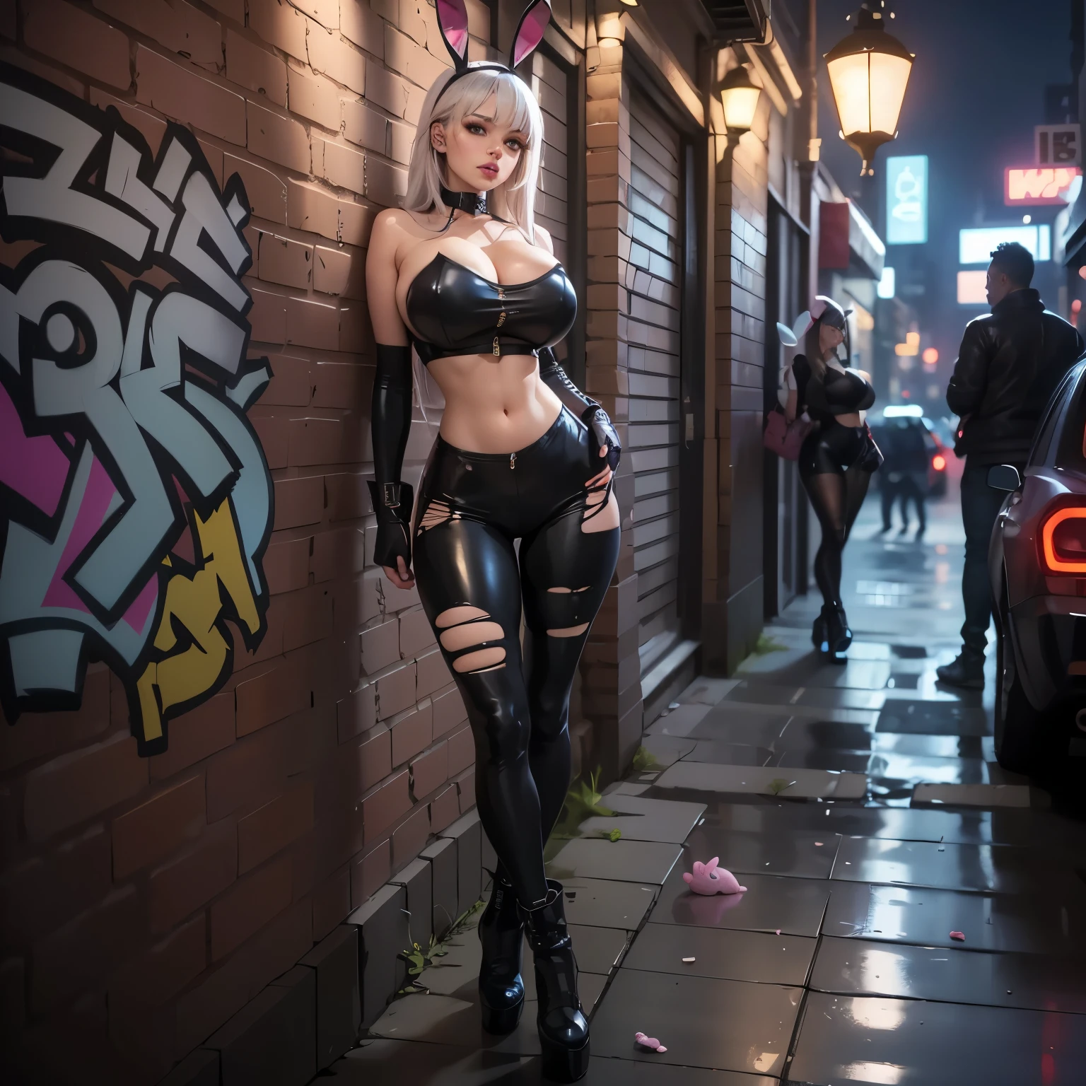 (A hyper-realistic)、(hight resolution)、(8K)、(ighly detailed)、(beautifully detailed eyes)、(top-quality)、(ultra-detailliert)、(​masterpiece)、(A detailed face)、Beautiful sexy woman standing on the city dark street  ,blonde hair,(( no clothes nude , white sport shoes, black sport gloves, knee protector, ear studs, clear glasses))、Very gigantic-breasts:1.8、You can clearly see the shape of the chest、belly  visible, nude 、long legged, butt