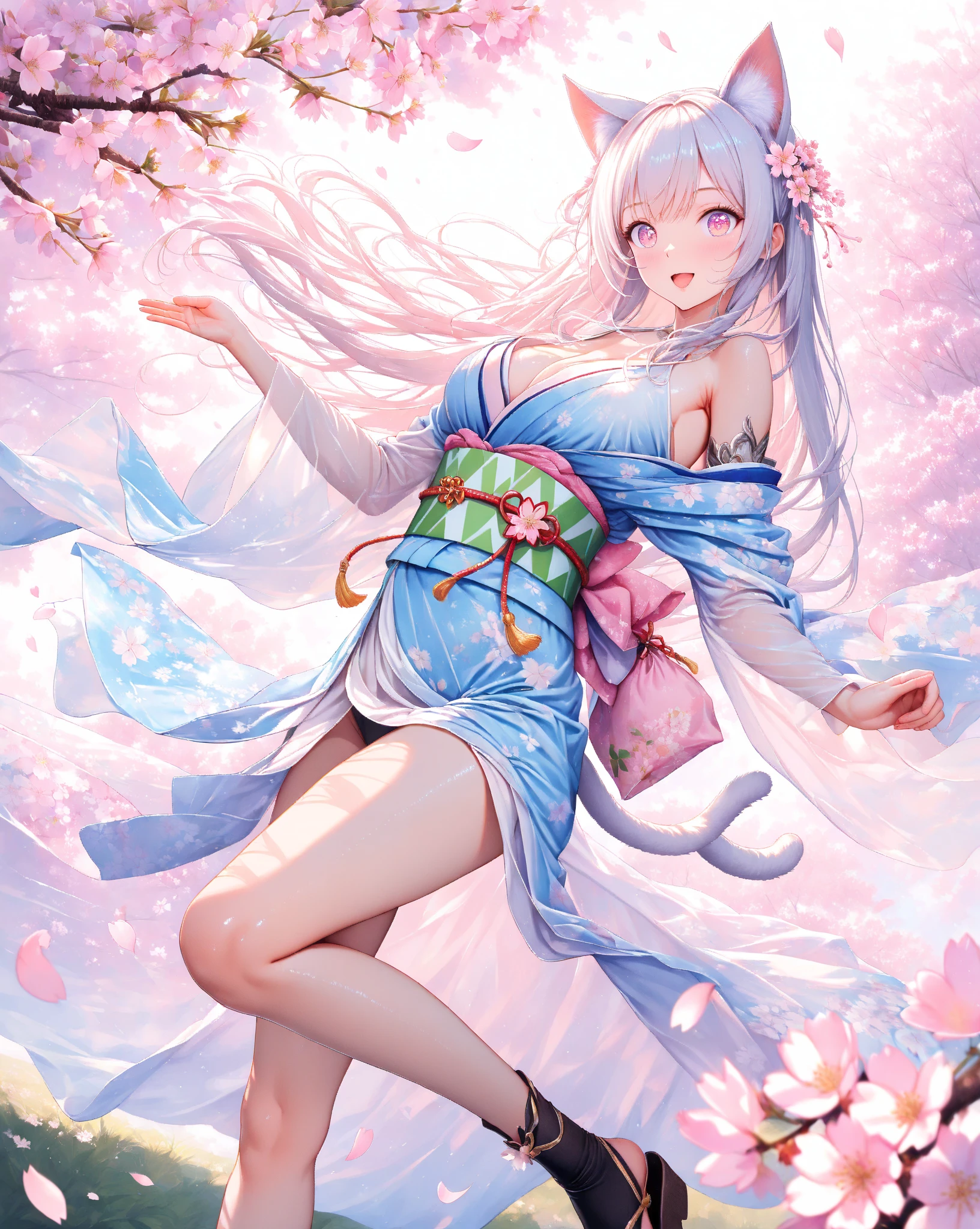 1 girl, solo, Tobiichi+Ahri, fox ears, white hair with pink tips, very large breasts, blush, surprised look, red loose kimono, purple eyes, heterochromia