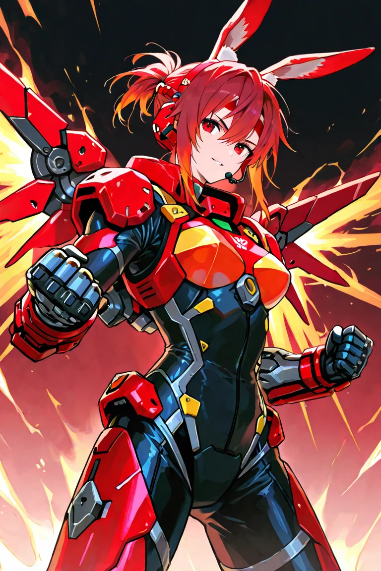 Mech teen with burgundy hair covering one eye with hyper realistic mechanical tits and robot panties
