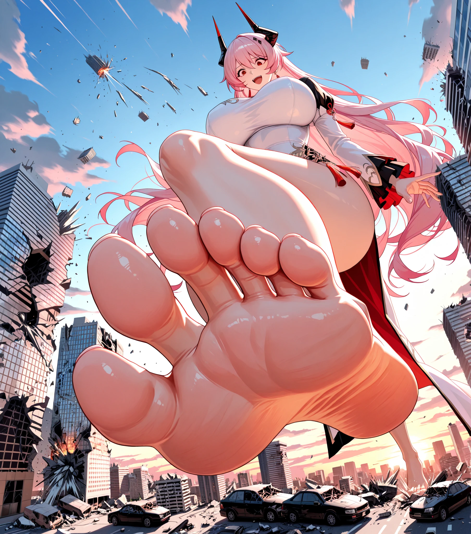 cute、devil、smile、Japanese women、masterpiece、highest quality、High resolution、Very detailed、Big eyes、Small Nose、Small Mouth、short hair、Small breasts、若いJapanese women、Tiny swimsuit、Giantess、Destroyed urban area、rubble、Destroy a busy thoroughfare、Low - Angle、The looming giant crotch、huge soles
