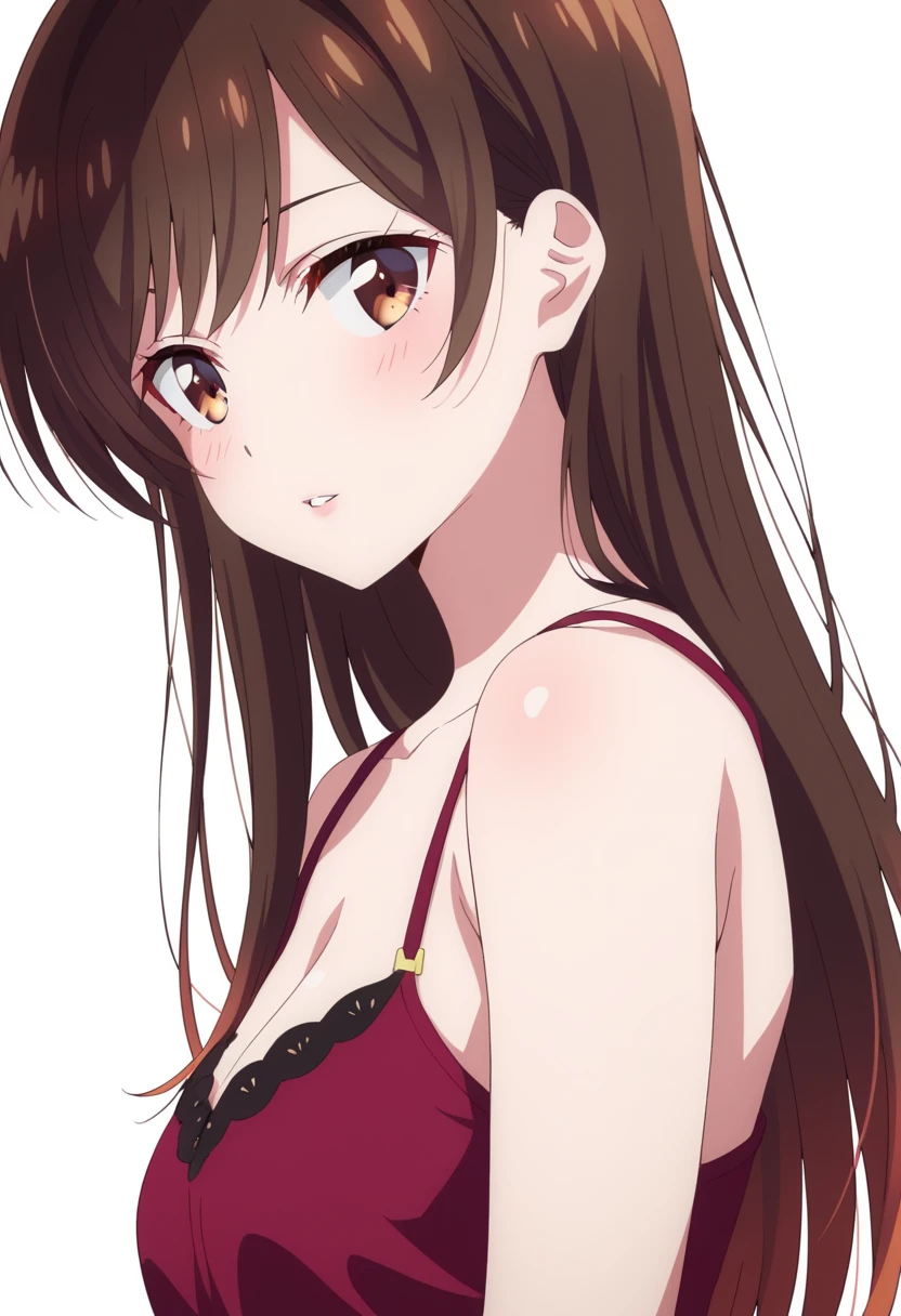 (beautiful detailed eyes:1.5, beautiful detailed face:1.2, beautiful detailed hair), Murrue Ramius, 1 woman, red eyes, blush, (nsfw, sexy, Curvy), (brown hair, long hair, bangs), (sagging large breasts), (negligee:1.5), (upper body:1.5), standing, (Perfect detailed Anatomy, beautiful detailed hair, perfect female body:1.2, shiny skin), (thick outline, Beautiful outlines, black outlines), simple background:1.5