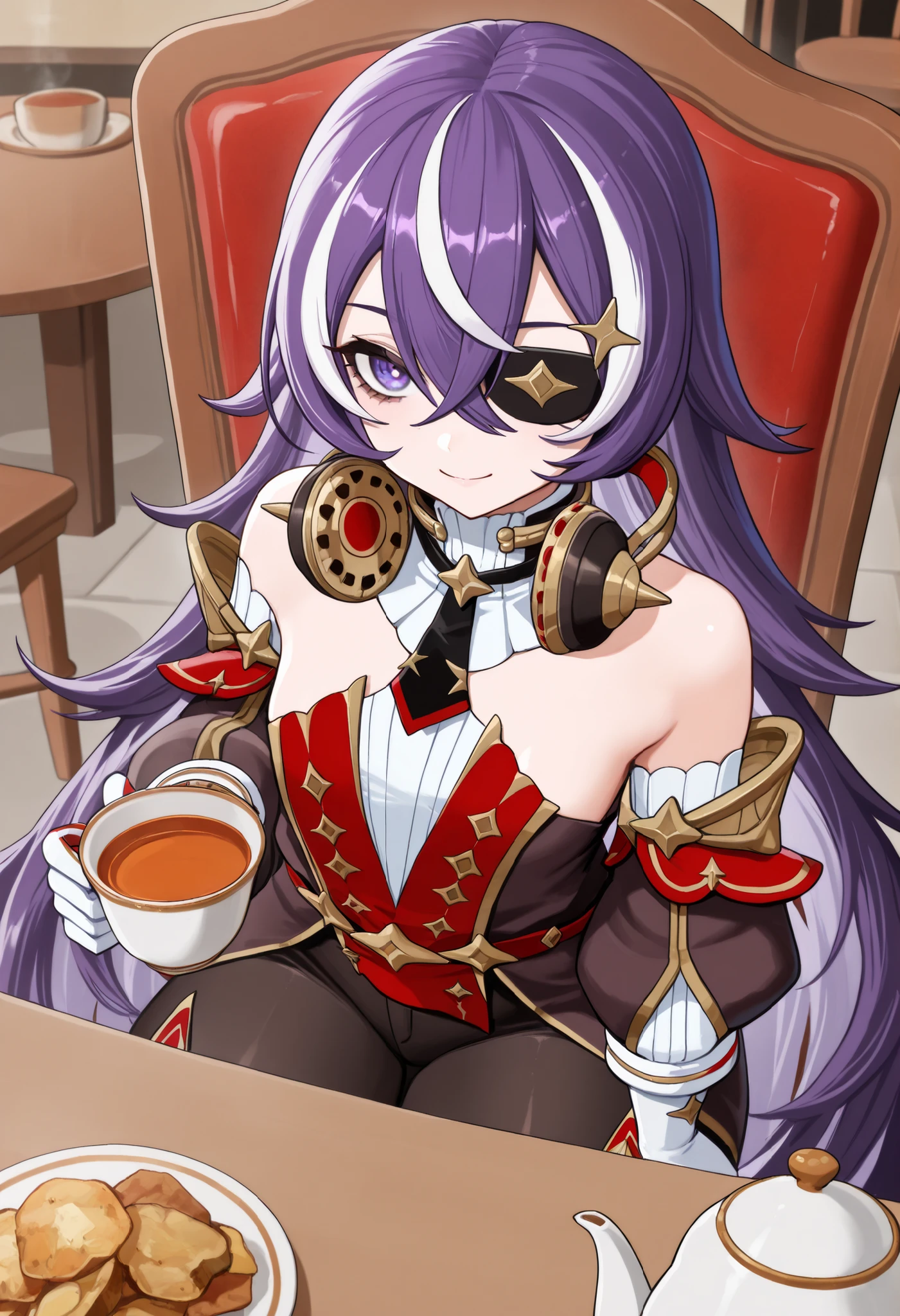 masterpiece, top quality, solo, Curvy,, zzChevreuse, PURPLE EYES, hair between the eyes, Long Hair, multicolored hair, purple hair, striped hair, white hair, has, earmuffs, eye patch, bare shoulders, Gold trim, 黒 butt under pants, butt under pants, Puff Sleeves, Detachable Collar, pantyhose, white thigh high boots, upper body, upeer body, Smile, under your eyes,coffee shop,sitting chair,table,tea time,cup,from above,Hold the cup in the right hand,table,fried potato, cup, teacup, teapot,chair, sitting,drink tea,