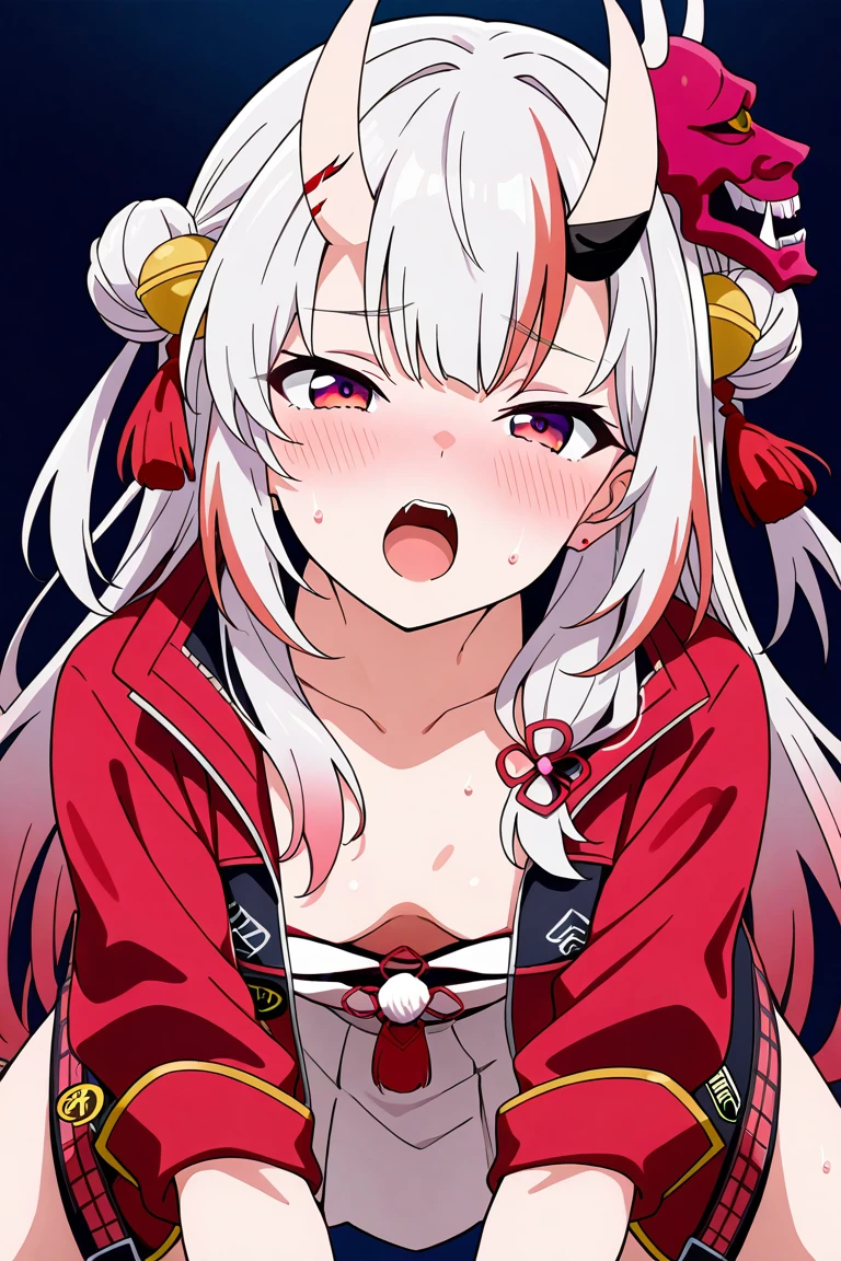 (masterpiece:1.2), hyper detail, best quality, (intricate_details:1.1), beautiful detailed, beautiful hair, solo, 1girl,NAKIRIAYAME, ONI HORNS, LONG HAIR,AYAMEBASE, ONI HORNS, LONG HAIR,BLACK KIMONO, SHORT KIMONO, HAIR BELL, OBI, SHIMENAWA, BARE SHOULDERS, LONG SLEEVES, ONI MASK, MASK ON HEAD,WHITE HAIR,ANIME COLORING,upper body,red background,blurry_background,shoulder focus,from below,owo, open mouth,looking at viewer,from side,sweating,greasy shoulder,from below,looking side,flipped hair,armpit,greasy armpit,from side, shoulder focus,((armpit focus)),bare shoulder,upper body,(sideboobs),((greasy armpit)),((smooth armpit)),((Pupil details)),backlighting,((Stretch oneself)),((Detailed armpit)),((elastic armpit)),((soft armpit)),pov,blush,heavy breathing,steam,wide sleeves,two fang out,upper teeth, open mouth,white horns,double little bun,glow eyes, yandere,smirk