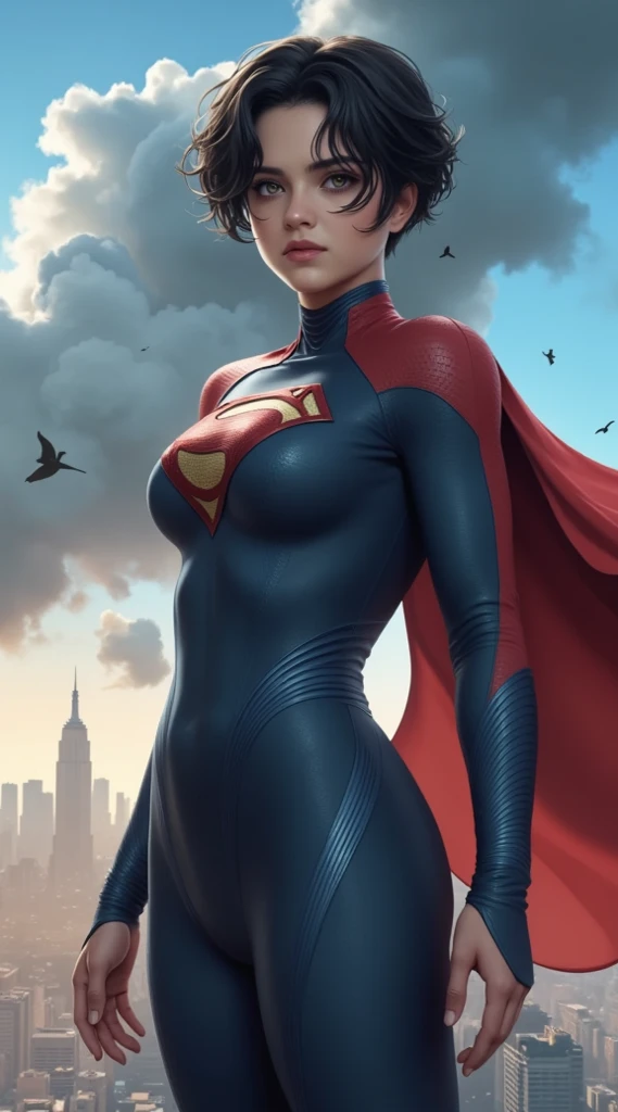 (Masterpiece, computer, mejor quality, Clear focus, shadow, of the rays of God, ultra high resolution, 8K, perfect anatomy, perfect face , (detailed face), ( detailed eye ), score_9, score_8_above, score_7_above, score_6_above, score_5_above, score_4_above, source _ animated, Label 1, Label2, quality_Masterpiece, tiny gym shorts, rostro, perfect face , Beautiful and highly detailed face and eyes, sexy face shirt, detailed face, delicate facial features, with bare shoulders, huge breasts, wide hips, gigantic butt, thick thighs. anime illustration from the Supergirl comics from DC Comics. Posing with pride and determination in a modern city at dusk. She has short hair, black and disheveled by the wind, with loose tufts that frame her face. Her expression is serious and decisive, looking at the horizon with intense green eyes and slightly blushed cheeks. He wears a tight superhero costume in shades of dark blue with red and gold details, that highlights her athletic figure. the emblem of the "S" gold and red shines on her chest, iconic symbol of the Superman universe. He wears a red cape fluttering in the wind and a stylized matching belt. The background shows a city with skyscrapers, including a tall building similar to the Empire State, with dramatic clouds and birds flying around. Hyperrealistic digital art style, costume with a modern comic style aesthetic or video game illustration, soft and great lighting attention to detail in the, facial expression and urban environment.