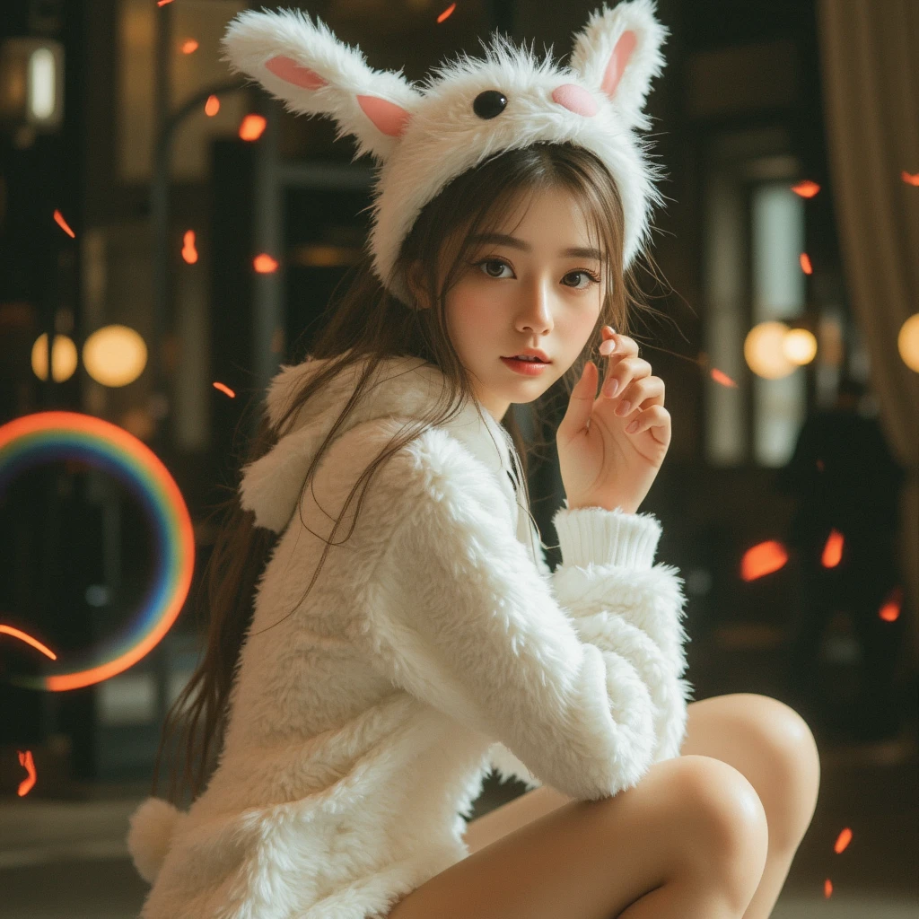 realistic,high resolution,high definition,insanely detailed,absurdres resolution,cat ears hoodie,stunning girl,light jamp,fluttering in the wind,dynamic angle,