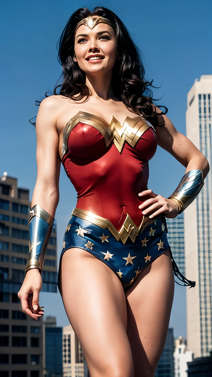 The actress Lynda Carter as the character Wonder Woman, extremely beautiful blue eyes, beautiful hair, incredible beautiful anatomy, perfect fingers, smooth curves, perfect anatomy, underneath angle view, perfect smile, temple ruins in the background