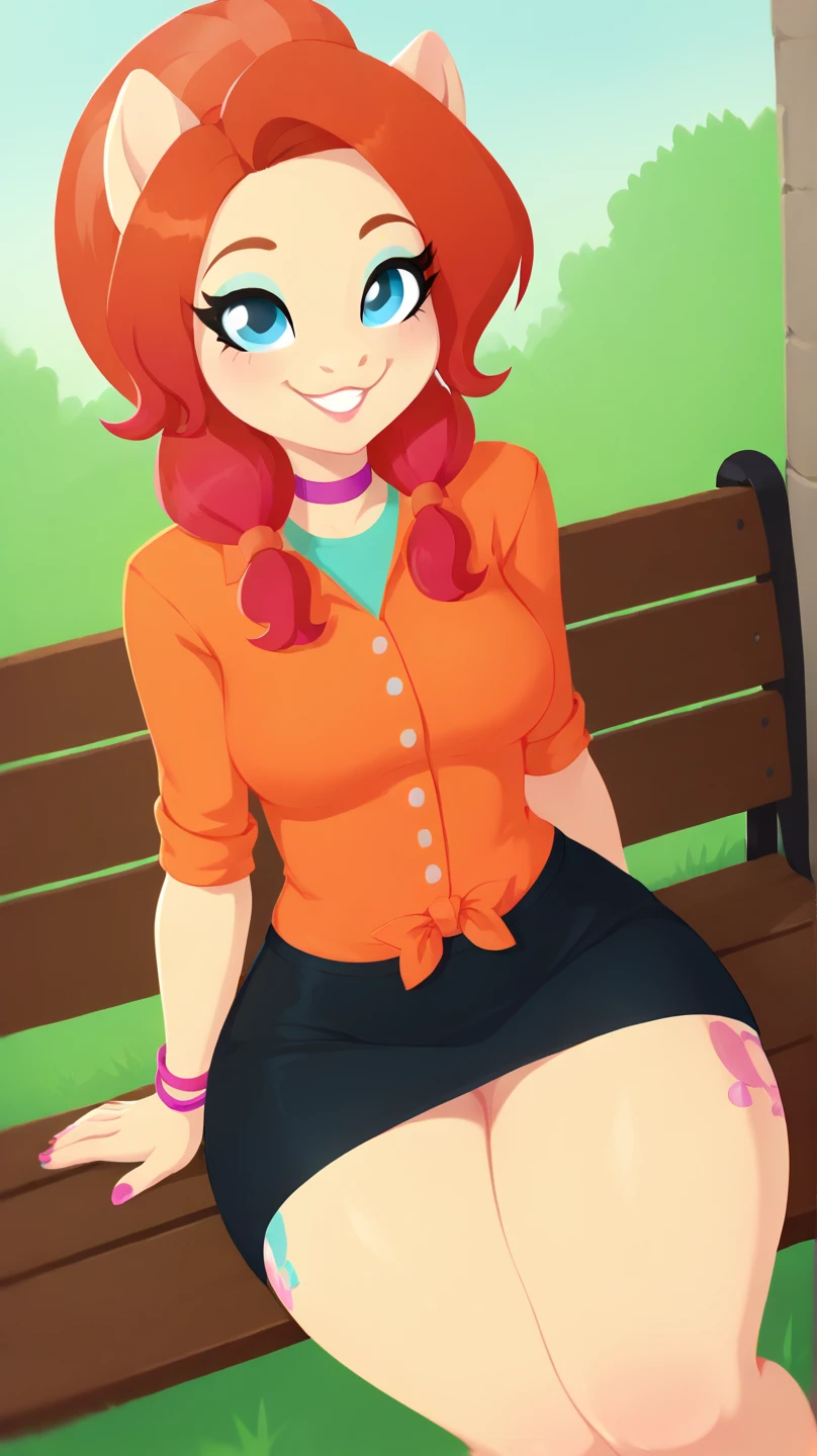 (best quality,4k,8k,highres,masterpiece:1.2),ultra-detailed,realistic,sexy high school girl with orange hair in a garden setting,beautiful detailed eyes, beautiful detailed lips,extremely detailed eyes and face,long eyelashes,flawless skin,pink panties peeking from under the skirt,gorgeous pink and black ,fitted skirt accentuating the curves,plaid pattern on the skirt,cropped white blouse,unbuttoned top buttons,large round breasts,confident and alluring pose,sunlight filtering through the trees,soft warm lighting,floral background, vibrant colors,portraits,high contrast,color grading with warm tones. Bulma,((cameltoe)),elf