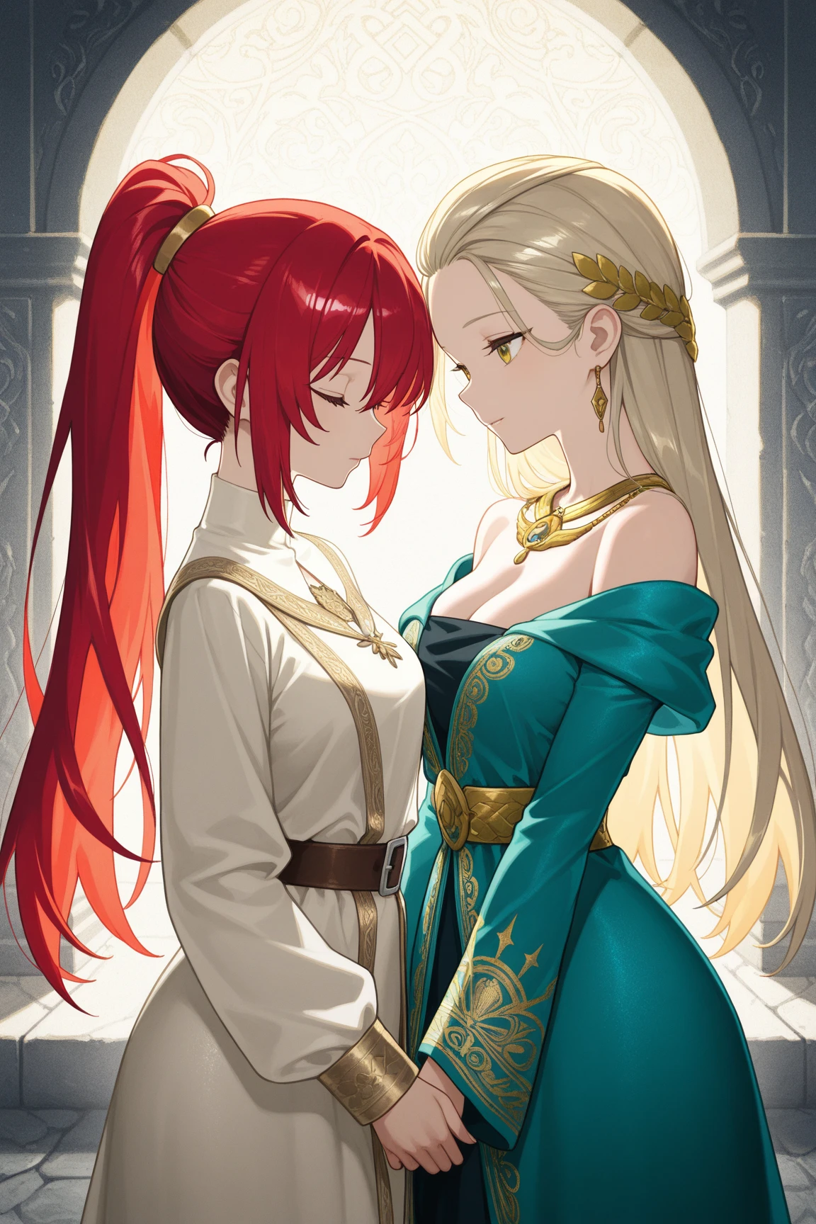 Two women in profile facing each other, angry, one of them wearing a long black dress and with long platinum blonde hair, blue eyes and a very pretty face, the other wearing a long green dress and with long red hair, with light eyes and a young face. The background setting is an ancient castle built with gray stones in a bluish tone and with a very average appearance.