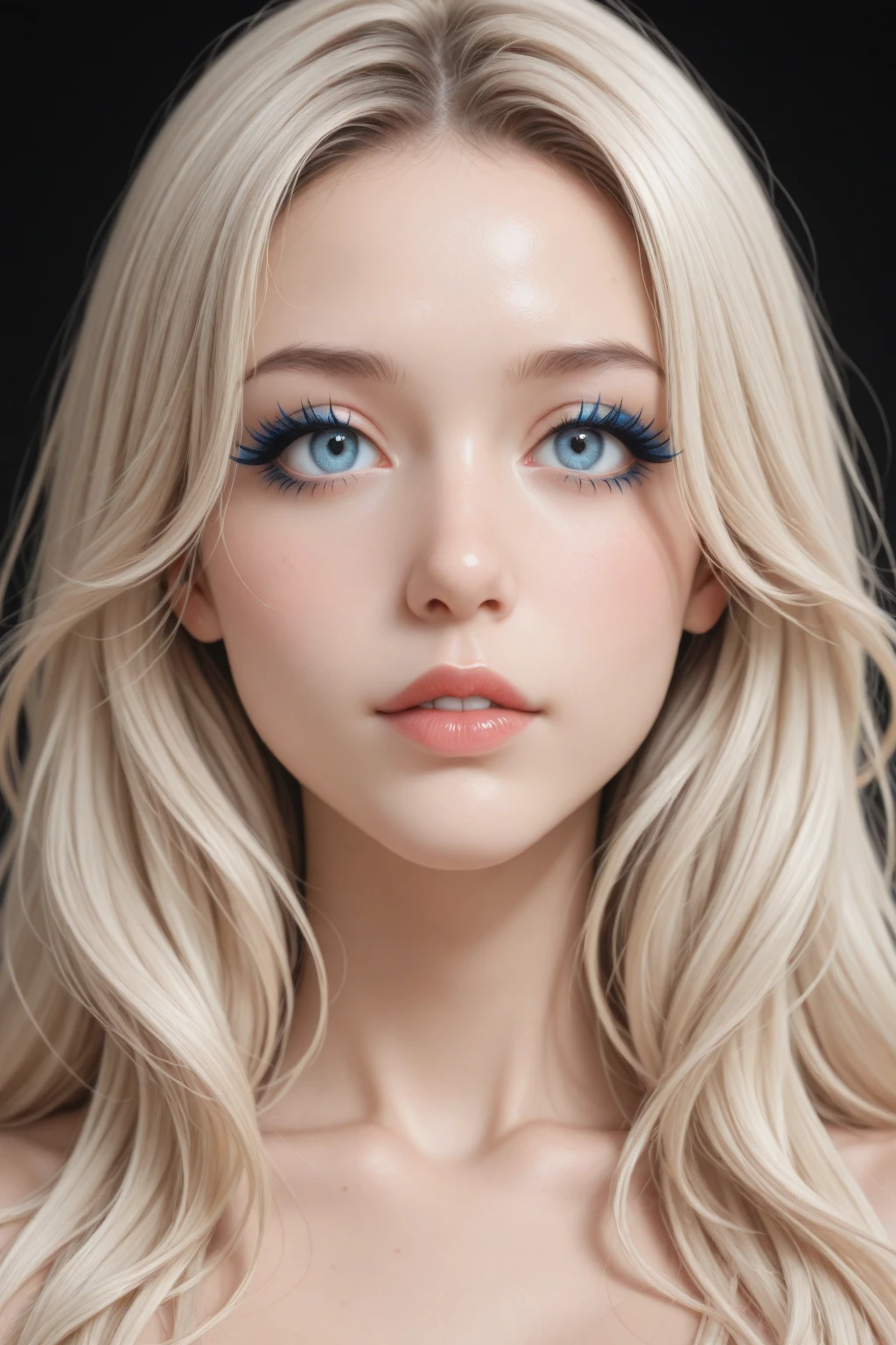 Model woman with Blond long hair with blue eye wearing white dress,, hdr ,realistic,heterochromia,beautiful green eyes,up close,dark shadows,night background,neon hearts lights dark,chiaroscuro,low-key,
