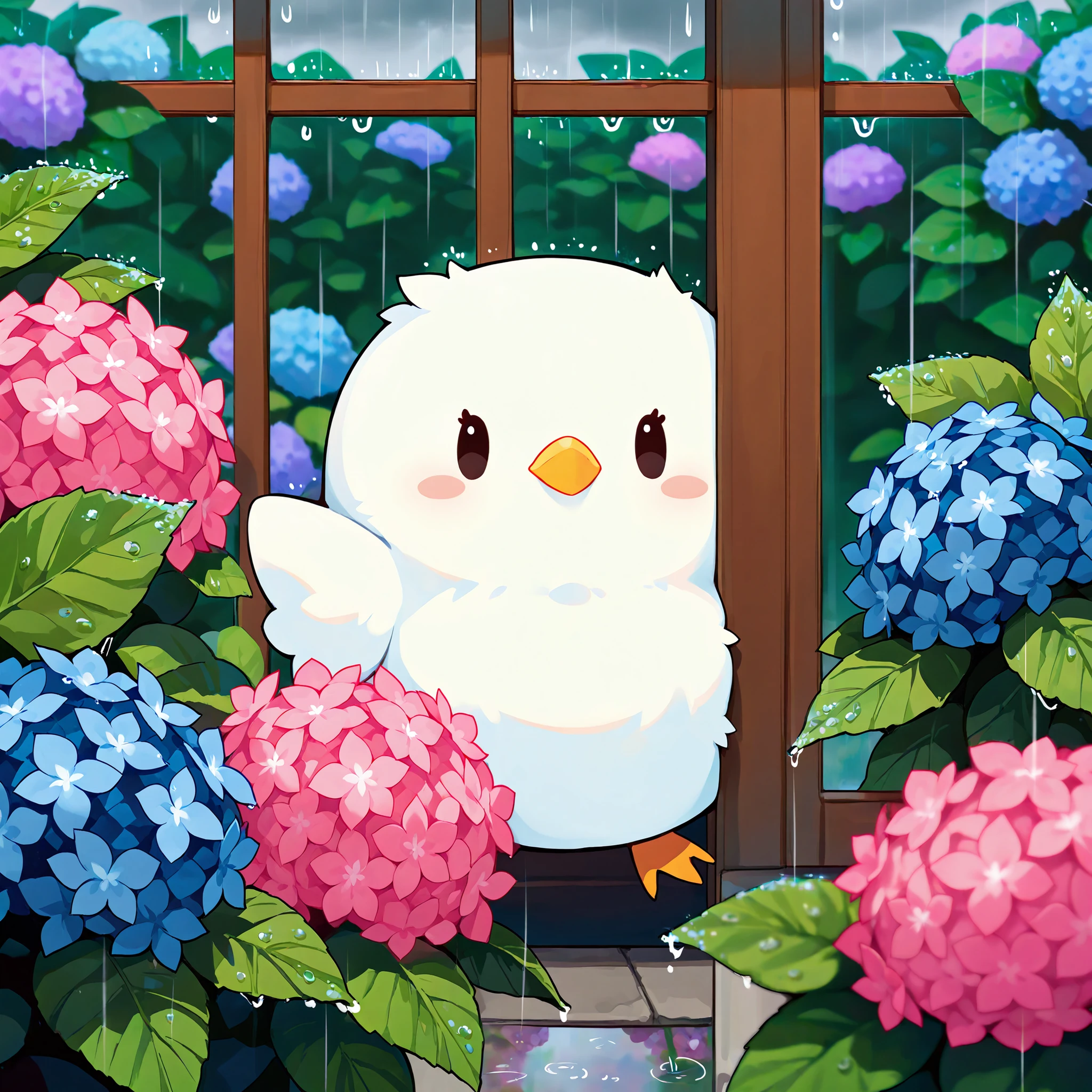 Masterpiece,Best quality, ultra detailed,Japanese Anime style, (pure white sparrow mascot) , round body, fluffy body,simple face, cute appearance,(Peeking out from inside the hydrangea flower, Hiding inside the hydrangea flower), Rain, Outdoors, Hydrangea flower field,