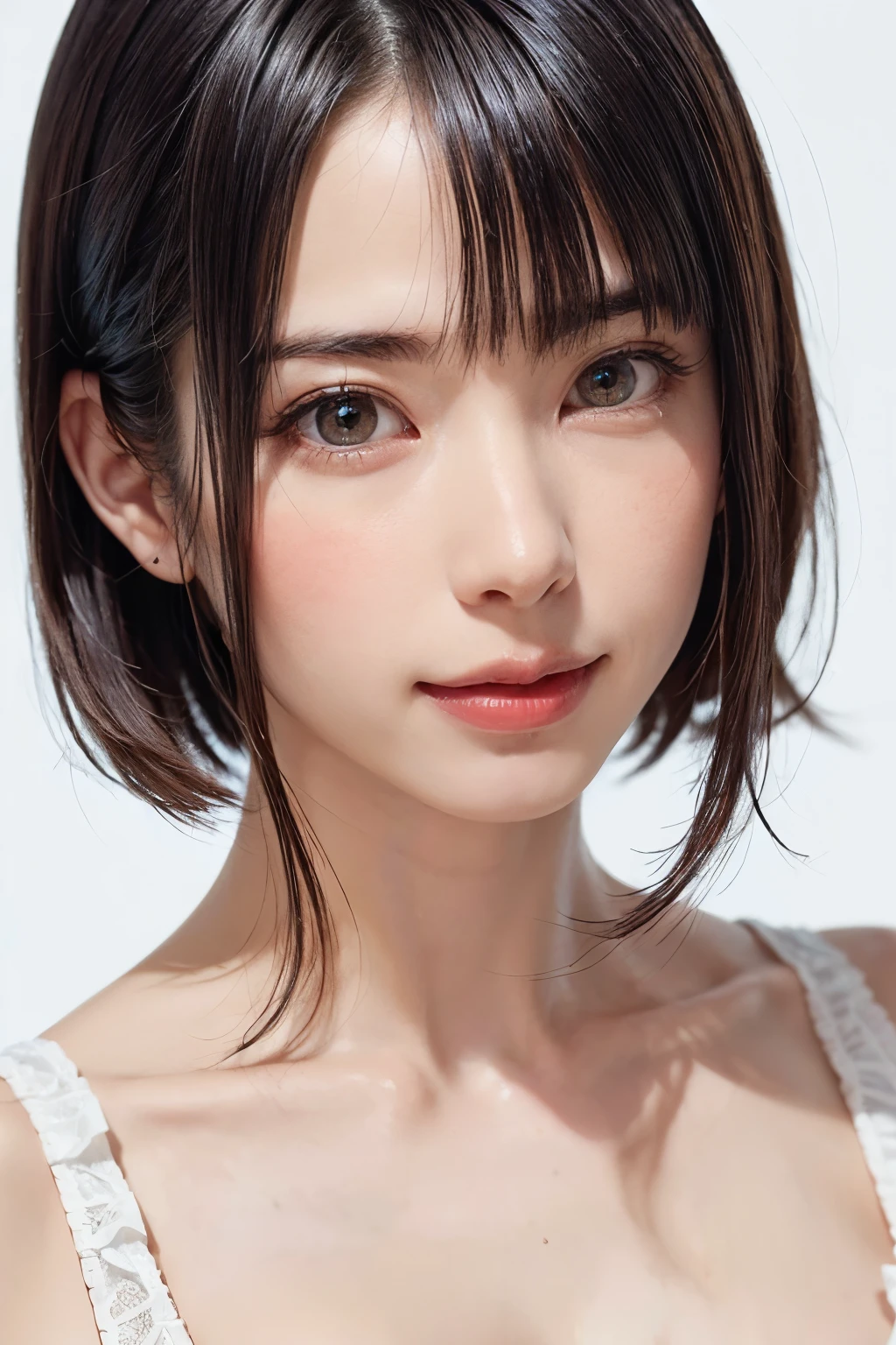 ((masterpiece, Highest quality, High resolution、Everything is beautifully detailed)), 1 girl, (Realistic: 1.4), alone, White Background, snow-White Background, Mouth closed, smile, smile, Beautiful black hair, short hair, Big eyes, Transparent double eyelids, eyelash, Listen carefully, Long neck, 美しくLong neck, Absolute area, ((Face close-up)), (Draw the whole head, shoulder), 19 years old, Attractive proportions, Glowing Skin, Beautiful clavicle, Golden ratio face, Perfect Face, Teardrop-shaped mole, chestのほくろ, bangs, clean bangs, beautiful bangs, Lip gloss, Thin lips, Fair skin, naked, Big Breasts, {Huge|big|Hugeな|Mega} chest, chestの谷間,Small face, Small face, All the heads are painted, shoulder all drawn, Point slightly above the camera