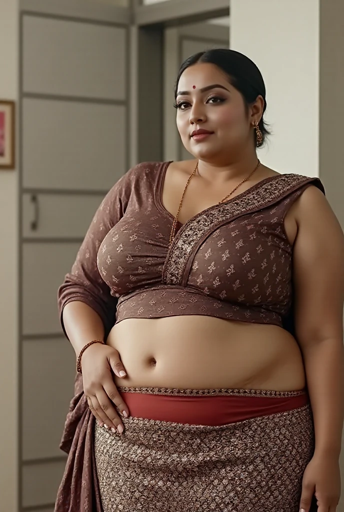 Very fat sexy indian kerala plus size lady Looks like aishwarya rai wearing black blouse big stomach wide waist, fleshy belly, lifts her hands to back to her head and showing her blouse breasts and low hip stomach, deep big navel