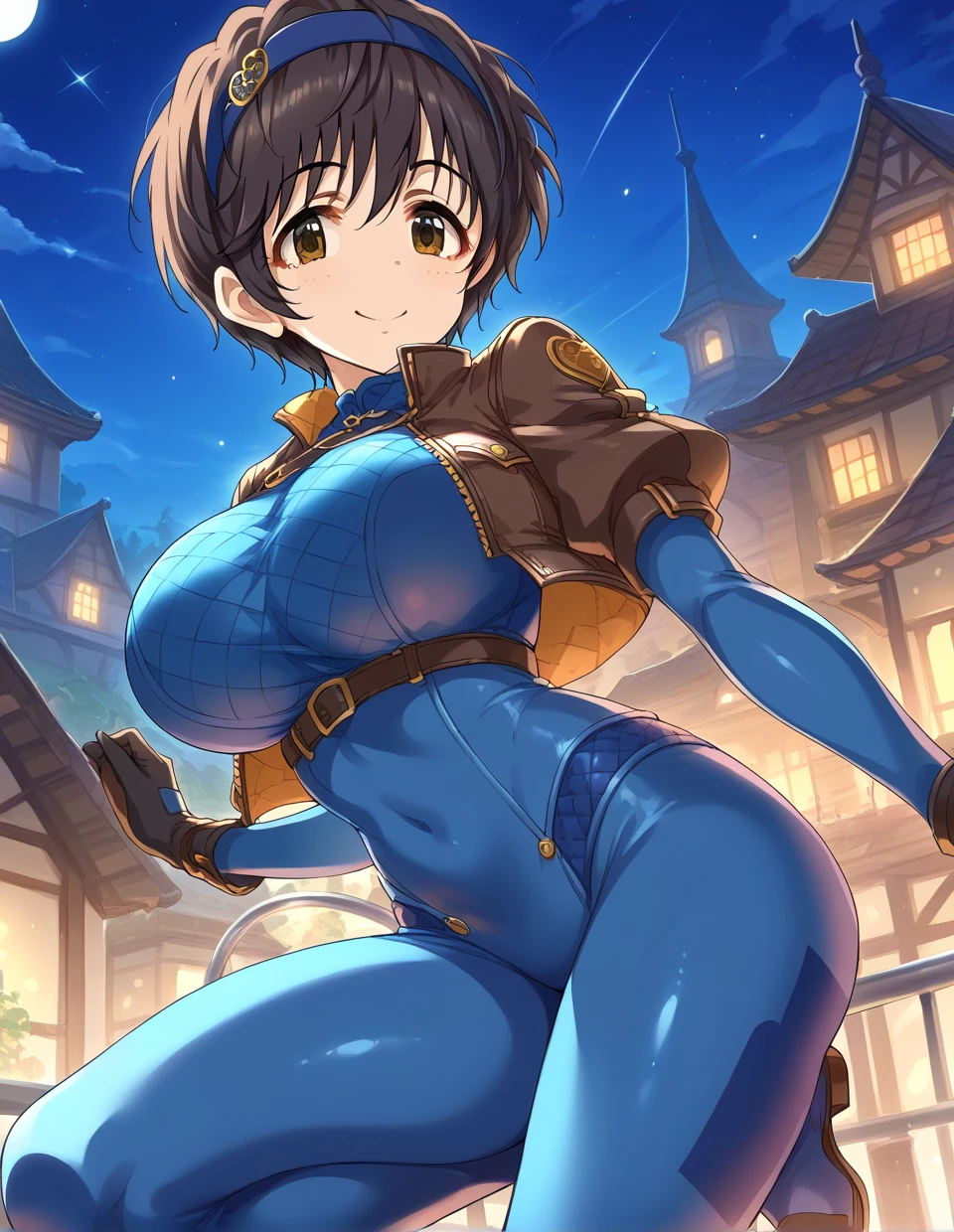 photo of mlp Meowko, RAW, beautiful woman, ((portrait)), ((detailed face:1.2)), ((anime face, anime facial feature, clear skin, glossy anime lips, clear skin), (short messy lesbian haircut, brunette: 1.55),  (perfect proportioned body, Strong, muscular, narrow waist, narrow hips, skinny, large breasts), arched back ((wearing a revealing American McGee's Alice in Wonderland steampunk dress, gloves)), (Castle rooftop, ancient midnight Castle, stary sky), (realistic photo, best quality, detailed), (8k wallpaper), (cinematic lighting, beautiful light, (night:1.3)) (sharp focus, intricate)