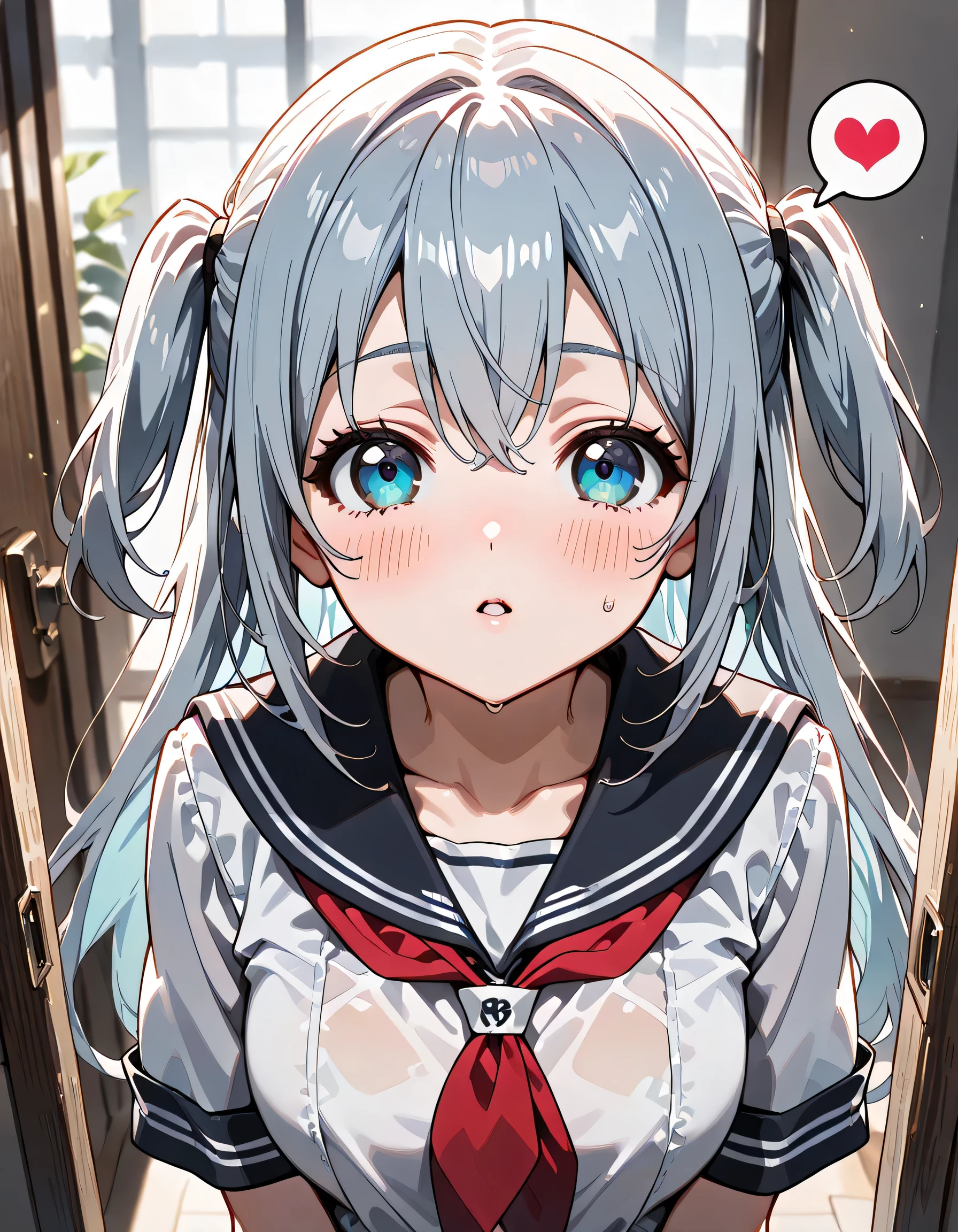 ((ultra-detailed)), (highly detailed CG illustration), (best quality:1.2), ultra-highly detailed, colorful composition, artistic photoshoot, 1girl, solo focus, upper body, moe anime character, age girl, dainty facial structure, baby face, round face, rounded chin:1.2, (closed eyes:1.4), silver hair color, two side up hair, ample breasts, school uniform, sailor suit, traditional Japanese style with navy blue and white colors, smile, (shy:1.4), (slaver:1.4), (incoming kiss:1.4), (full faceblush:1.4), (looking viewer), (Sweat:1.4), (spoken heart:1.4), pink heart background, from front, best quality, masterpiece, expecting, pink cheek, blush, light pink gloss slip, portrait, depth of field, soft lighting, sidelighting, shine, lighting, caustics, ray tracing, perfect face, lustrous skin, highly detailed face, perfect face, perfect nose, perfect hair, perfect anatomy, beautiful hair, beautiful small face, extremely detailed face, beautiful clavicle, beautiful body, beautiful ample breasts, leavage, breasts squeezed together, equalize the size of the left and right breasts, beautiful fingers, 4 fingers, 1 thumb, lovely, (very detailed background:1.0), (highly detailed background:1.0), spring aesthetic, intricate details, joyful atmosphere, spring colors palette, chromatic aberration