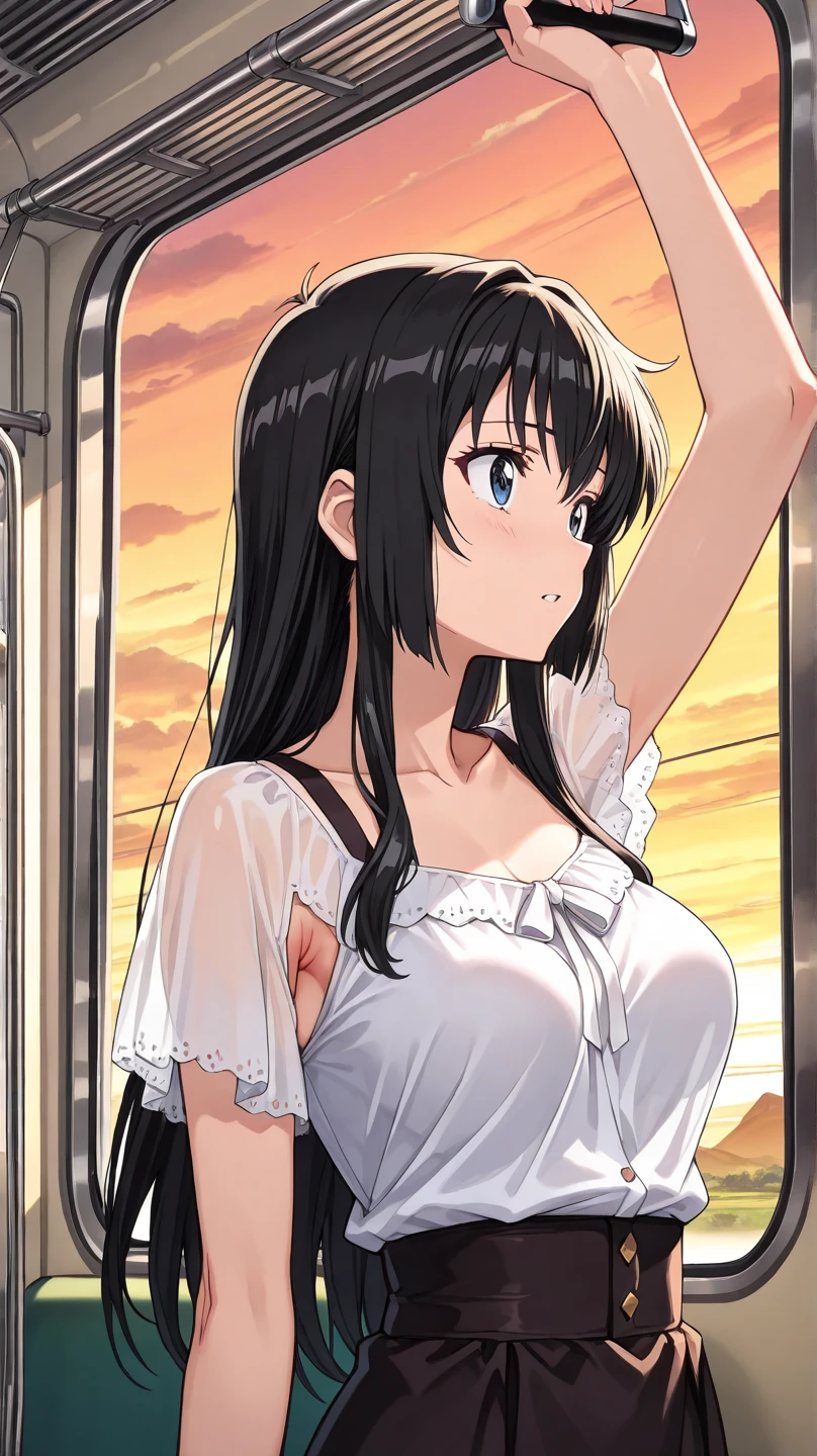 , (High resolution:1.4), (masutepiece:1.2), (High quality:1.3) 1girl, saten ruiko, green eyes, long hair, black hair, small breast,smile，open mouth