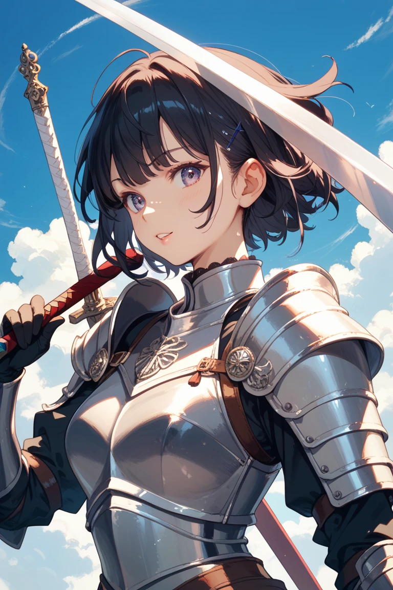 (high-res:1.2, ultra-detailed, realistic, professional), Medieval Europe, female knight, black armor, short black hair, blue eyes, battlefield ruins, face illuminated by the morning sun, twilight