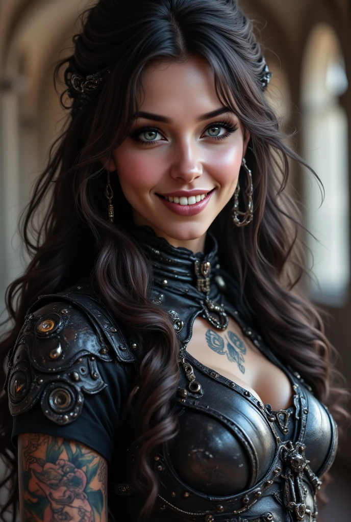 ((best quality: 1.5)) ((masterpiece: 0.8)), intricate details, sharp focus, professional, real life, realistic representation of the face, dynamic pose, in the style of realistic and hyper detailed renderings BREAK (((Muscular woman, ((body tattoos:0.4, (((leather armor, pickpocket, stealing from medieval castle courtyard outdoor crowded street, laughing), blackout goth eyeshadow, red lipstick)))), golden hour, ((((long black wavy hair)), [flat chest:medium breasts:0.8])), smiling, freckles: 0.7))), photorealistic, hyper-realistic, 8K