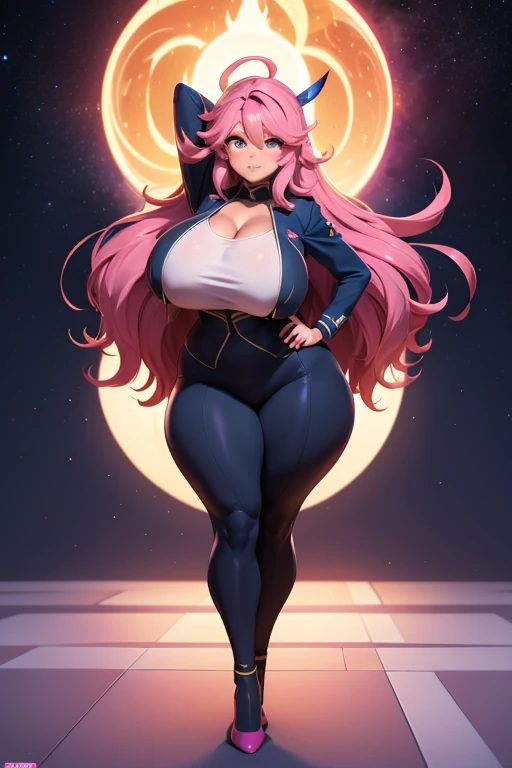 evil face, darkness, glowing eyes, pink hair, messy hair, full body shoot, from behind, looking at viewer, thick thighs, thin waist, plumb ass, muscular:0.7, (solo:1.4), fullmoon background, moon light only