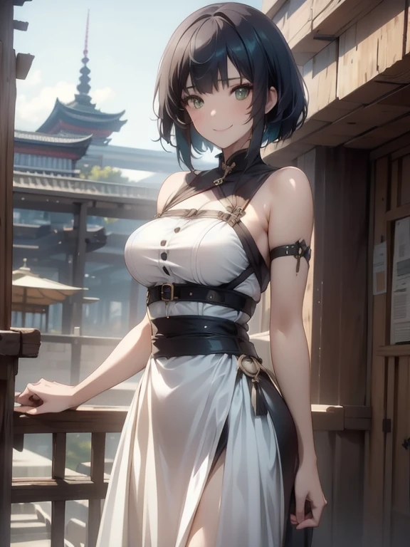 Kujou Sara| genshin impact, master-piece, bestquality, 1girls,25 years old, proportional body, proportional., Wedding Dresses, White Wedding Dress, Long skirt, Big skirt, mediuml breasts, ,bara, choker, Standing in the middle of a flower garden, outdoor, The sky is beautiful, In Japanese shrines, Japanese Wedding Ceremony, arm behind back, View viewers from the front., Thigh strap, Head tilt, bored, HD, slight smile,