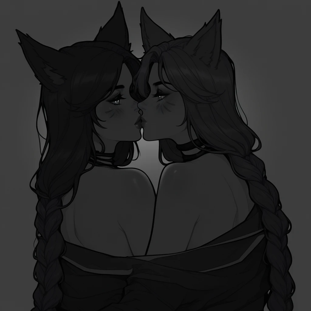 Duo, score_9,score_8_up,score_7_up, source_cartoon, kemono style, ((Audie from animal crossing, Anthro orange wolf girl)), and ((ankha from animal crossing, Anthro yellow cat girl)), standing, naked, hugging, kissing