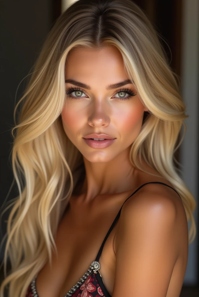 blonde with long hair and in a black top poses for a photographer, A picture, inspired by Julia Pishtar, instagram, letters, profile picture, Tanned Amira al-Tawil, with professional makeup, sexy face with full makeup, Greek Amira Al Tawil, ayahausca, Arab Amira Al-Tawil