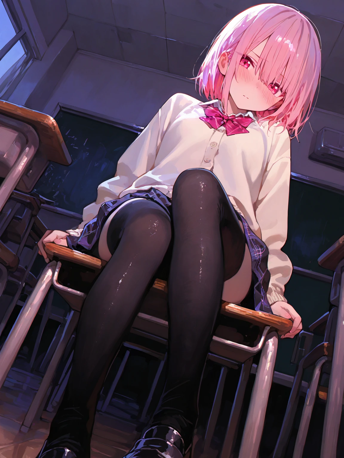 highest quality、masterpiece、1 girl、(Ahoge)、(blush:1.5)、(smile:1.5)、((fun!!))、cute、()、、high school girl、((classroom:1.5))、()、、Kamimei、look at me、(No panties:1.3)、((shaved pussy:1.5)), ((red bow tie, , black jacket, open jacket, white cardigan, white shirt, black skirt, plaid skirt、black socks))、 (No panties:1.3)、((shaved pussy:1.5))、(highly detailed closed labia)、((pee is coming out:1.8))、peeing