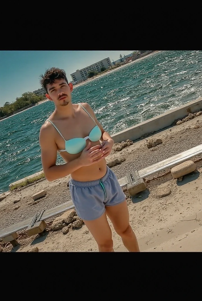 (photorealistic:1.4, ultra realistic, masterpiece:1.2, best quality, 4k), cute young teenage boy age 14 along the shore at the beach, slender body, skinny, wearing on swim brief and sunglasses, playful poses, splashing waves, running along the shoreline, playful, beautiful summer day, vibrant colors, sun-kissed skin, energetic, bright smile, carefree, cute boyish face, detailed face, ultra realistic skin, shot on Nikon d850 50mm, dlsr, RAW, natural lighting, midday sun