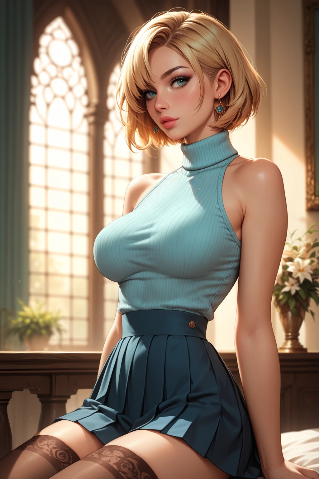 (ultra realistic,32k, masterpiece:1.2),(high detailed skin:1.1),( high quality:1.1),white hair,
<lora:MordredV3:0.8>(scared:1.1),mordred \(fate\), blonde hair, ponytail, green eyes, braid, shirt, short sleeves, ruffle skirt, thigh highs, blurry background,, (huge breast,large breast:1.1),(looking at viewer, standing, from below:1.1),,<lora:add_detail:0.96>,
(neon pastel light:1.1),blank background blurry background,