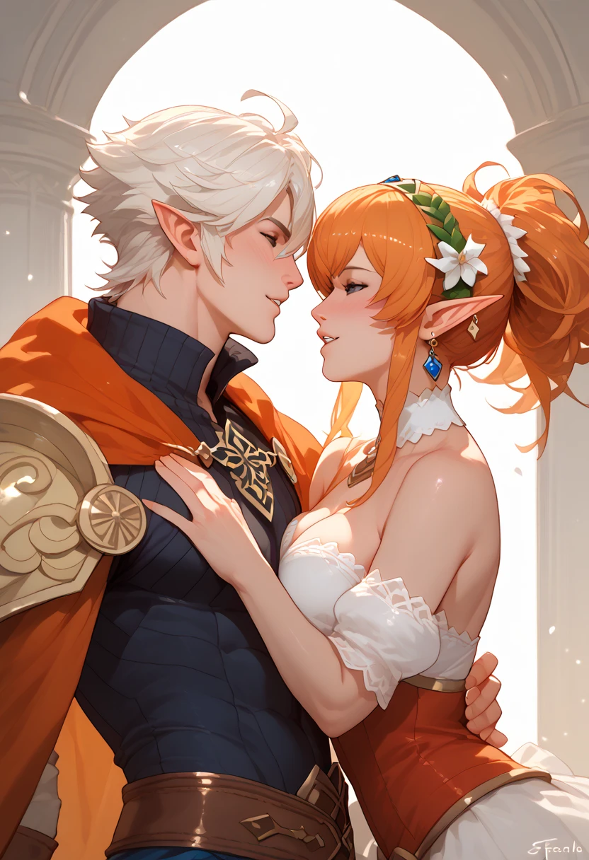 1man, sharp blue eyes with sharp pupils, white sharp hair and he was wearing black noble robes and, intimate hug and going to kiss with his lovely wife ((41 year old face))