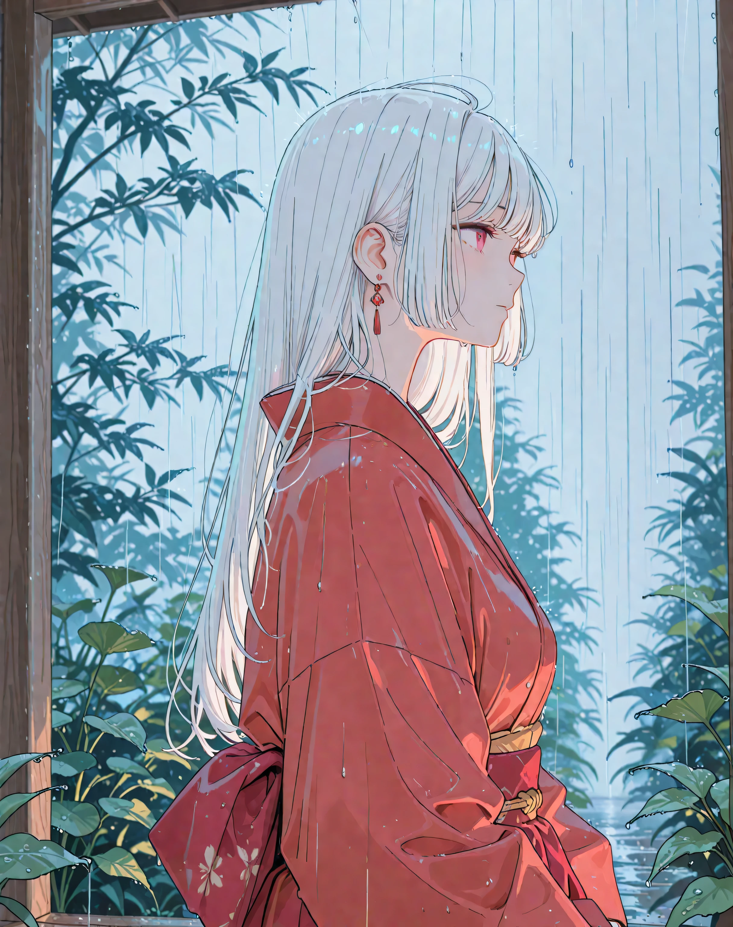 a girl with long white hair wearing a red kimono in the rain, 4k fullhd, best resolution, beauty girl